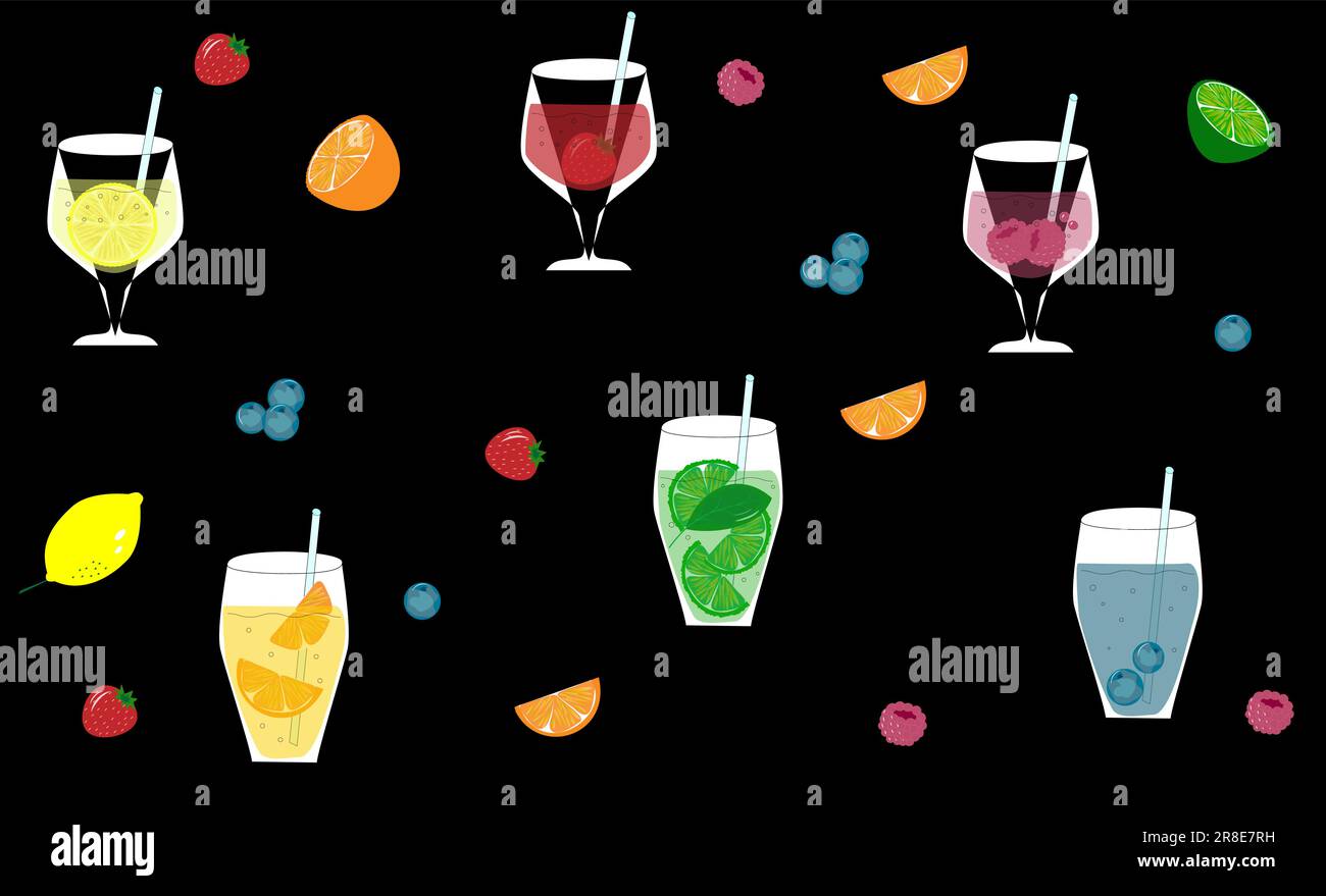 Vector pattern. Set of summer cocktails. Bright tropical citrus fruit ...