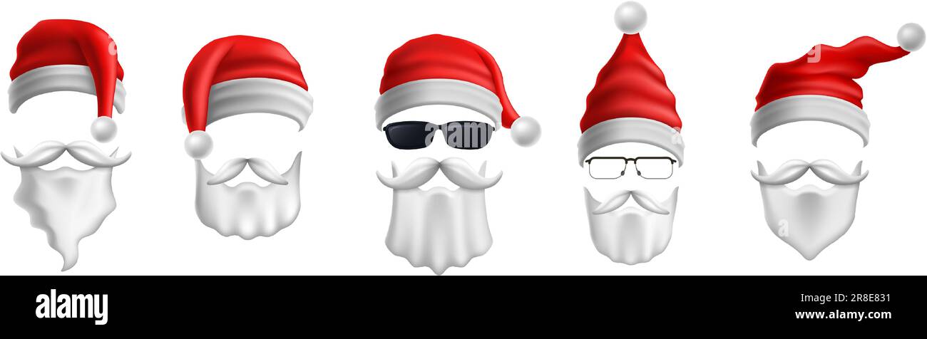 Santas hats, eyeglasses and beards. Christmas party costume mask with red cap and white beard with mustaches vector illustration set. Carnival clothin Stock Vector