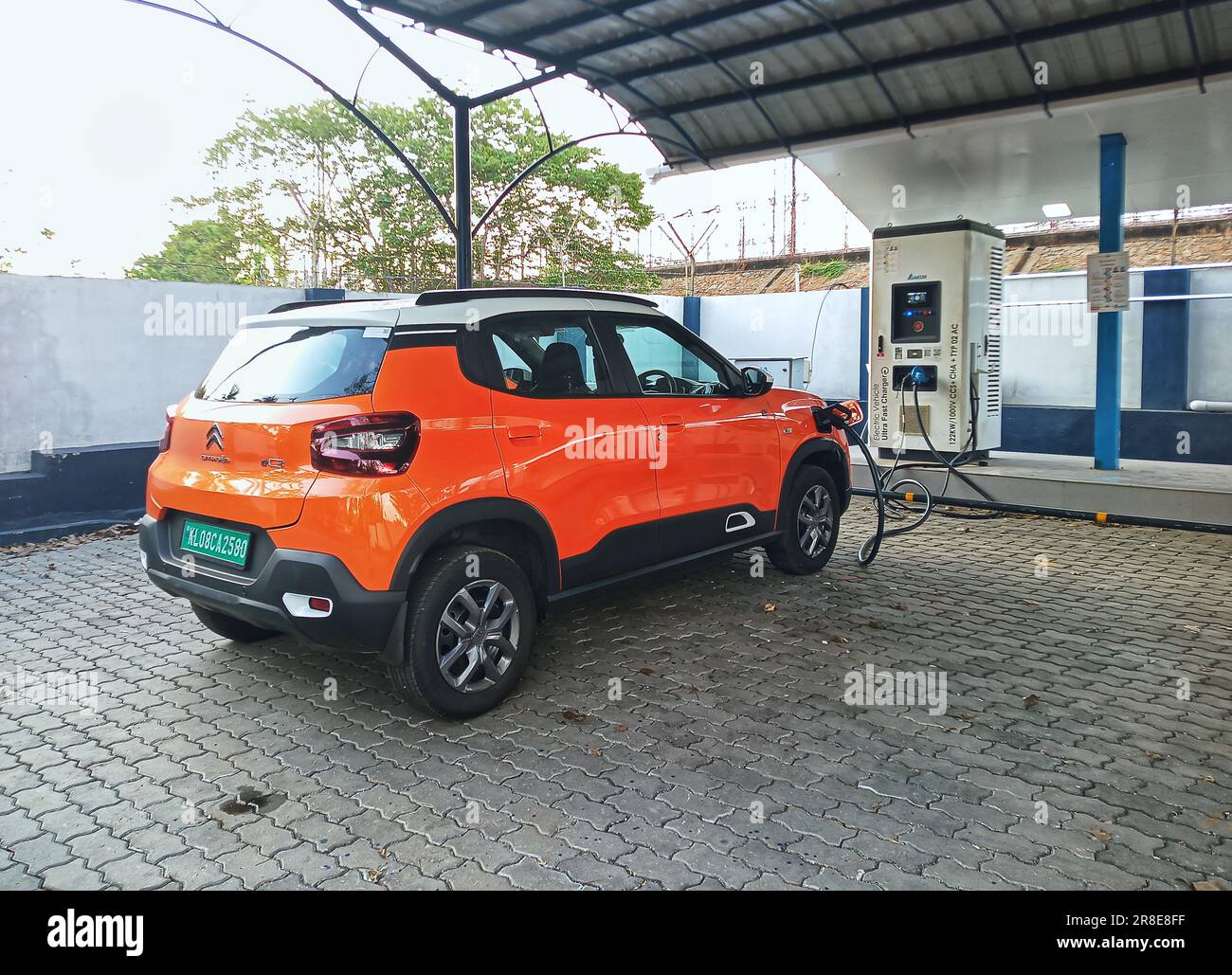 Electric vehicle charging in india,ev charging station india,india ev cars,ev charger in india,electric car charging station,ev station,citrroen e c3 Stock Photo