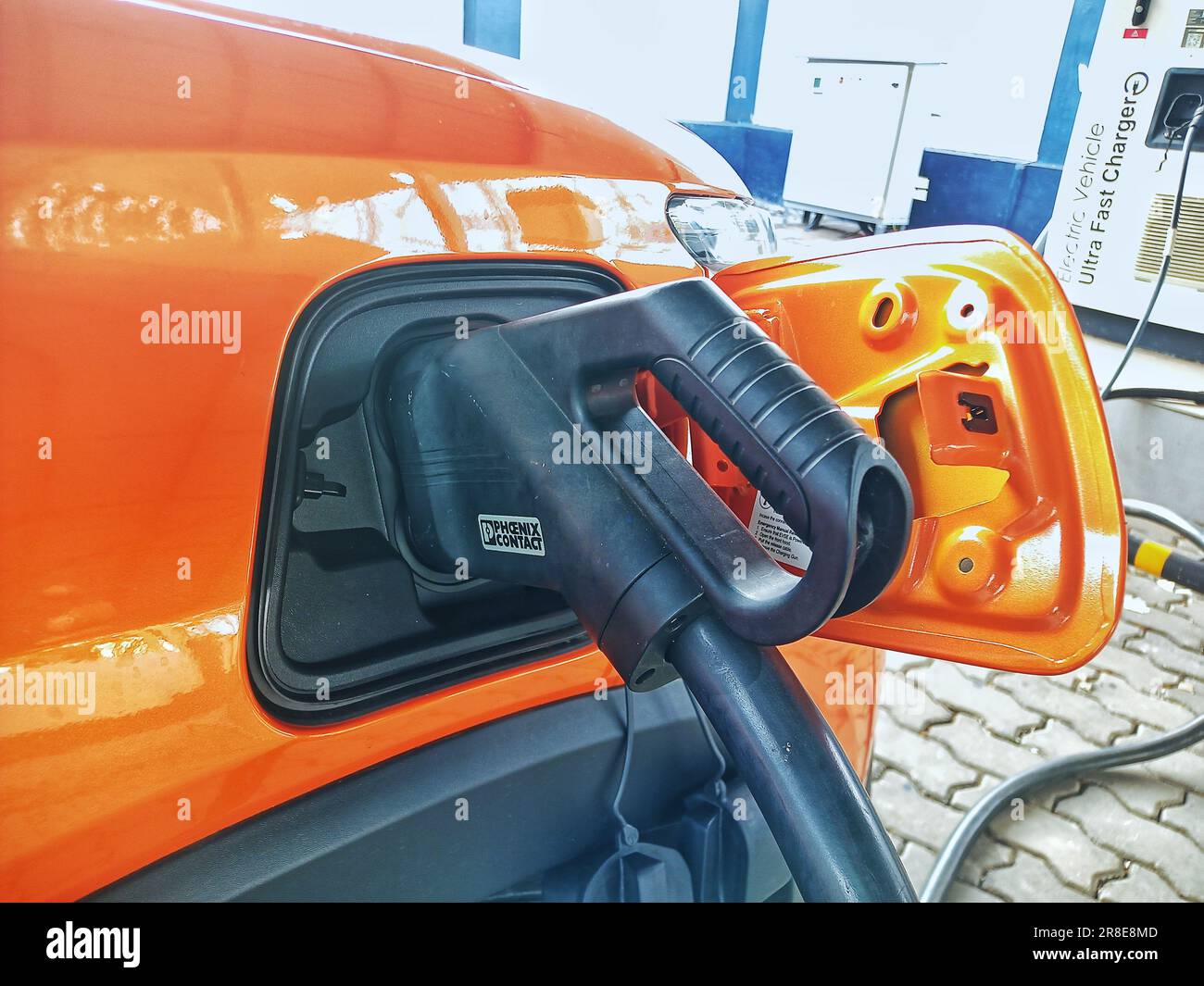 Electric vehicle charging in india,ev charging station india,india ev cars,ev charger in india,electric car charging station,ev station,citrroen e c3 Stock Photo