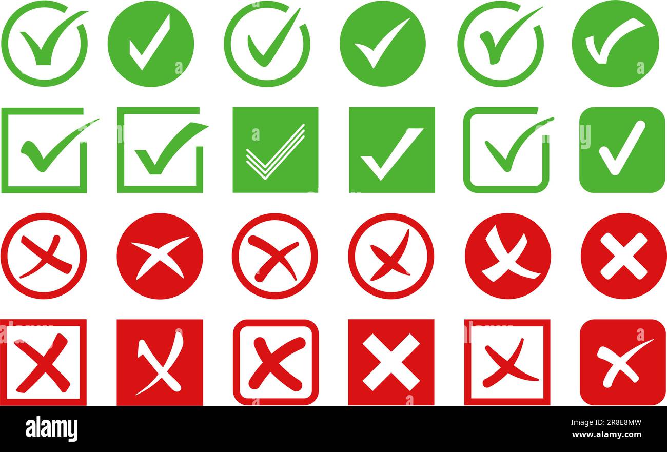 Checkmark and cross icons. Verification sign, approved and denied marks. Accepted and rejected different styles vector symbol set. Correct and wrong c Stock Vector