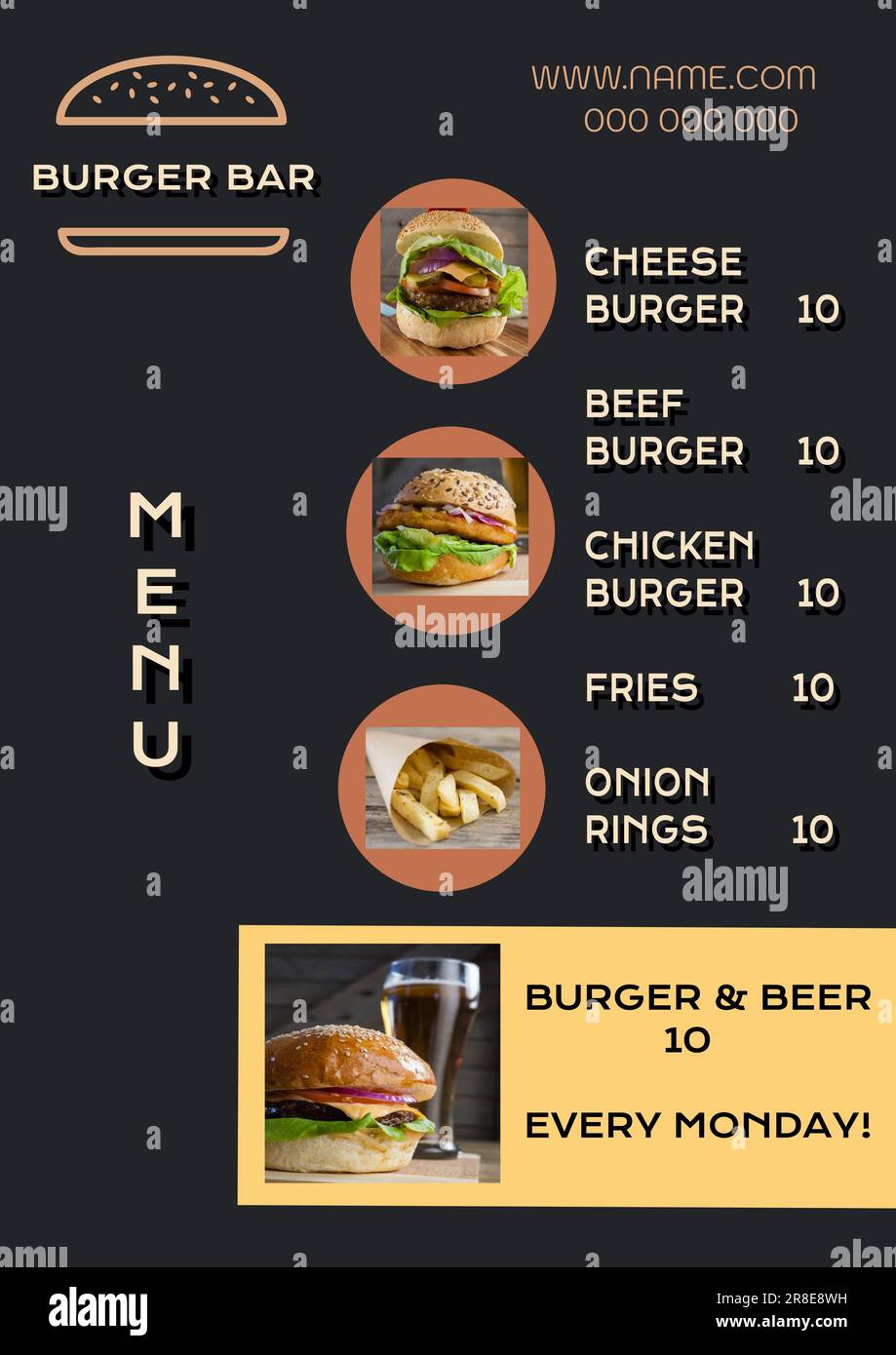 Illustration of menu with burger bar, website name and number and