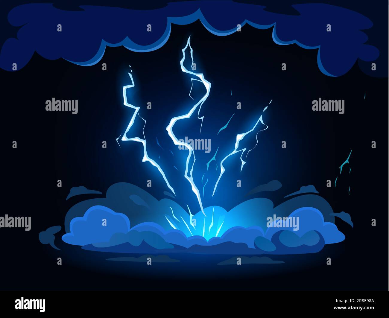 Cartoon lightning strike. Thunderbolt hit from thunderstorm clouds