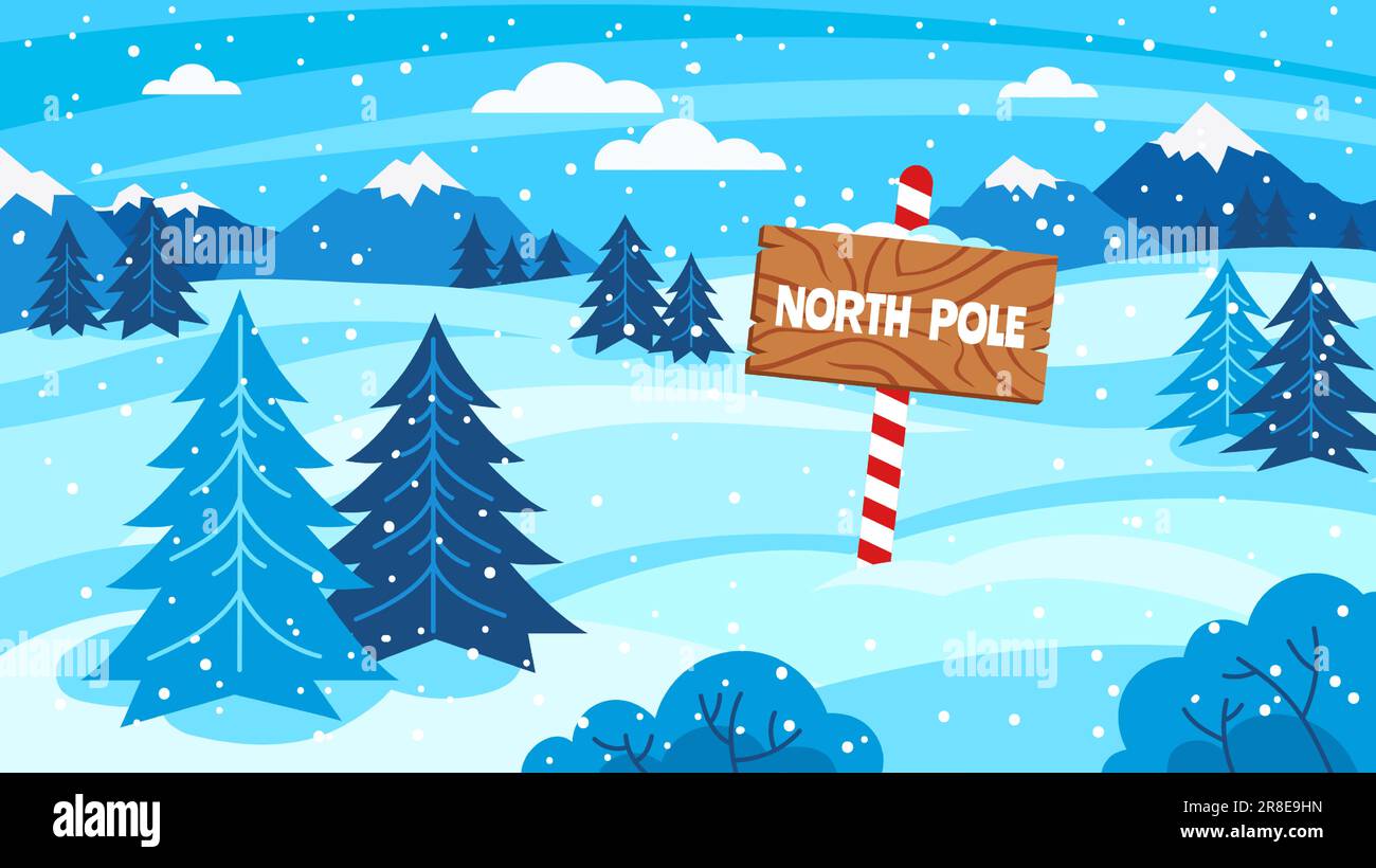 North Pole sign. Snowy forest woods landscape with location pointer