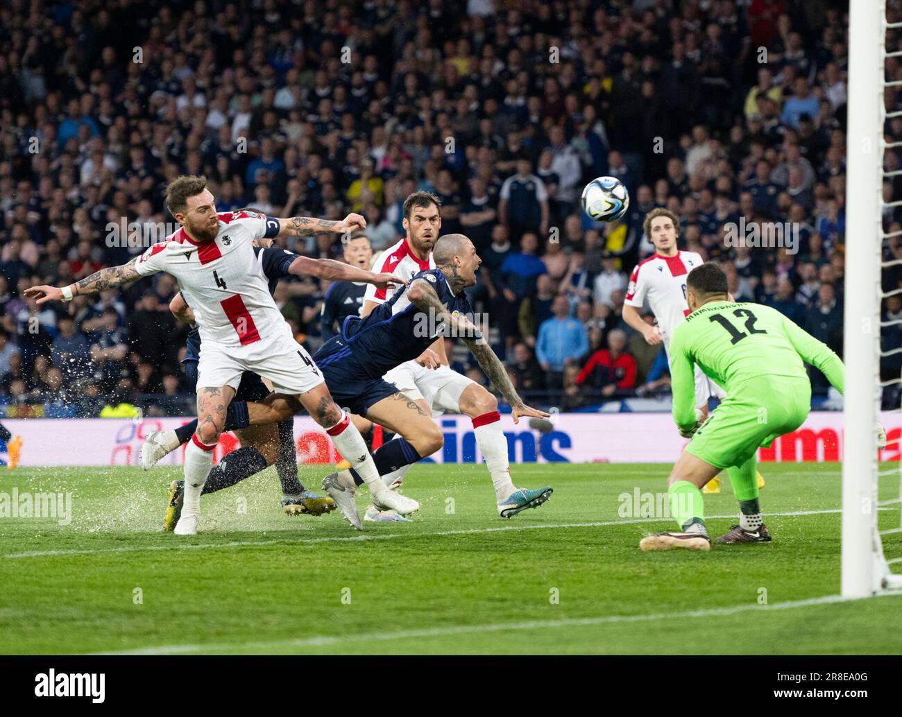 GLASGOW, SCOTLAND - JUNE 20: Scotland forward, Lyndon Dykes, comes close during the UEFA EURO 2024 qualifying round group A match between Scotland and Georgia at Hampden Park on June 20, 2023 in Glasgow, Scotland. (Photo by Ian Jacobs/MB Media/) Stock Photo
