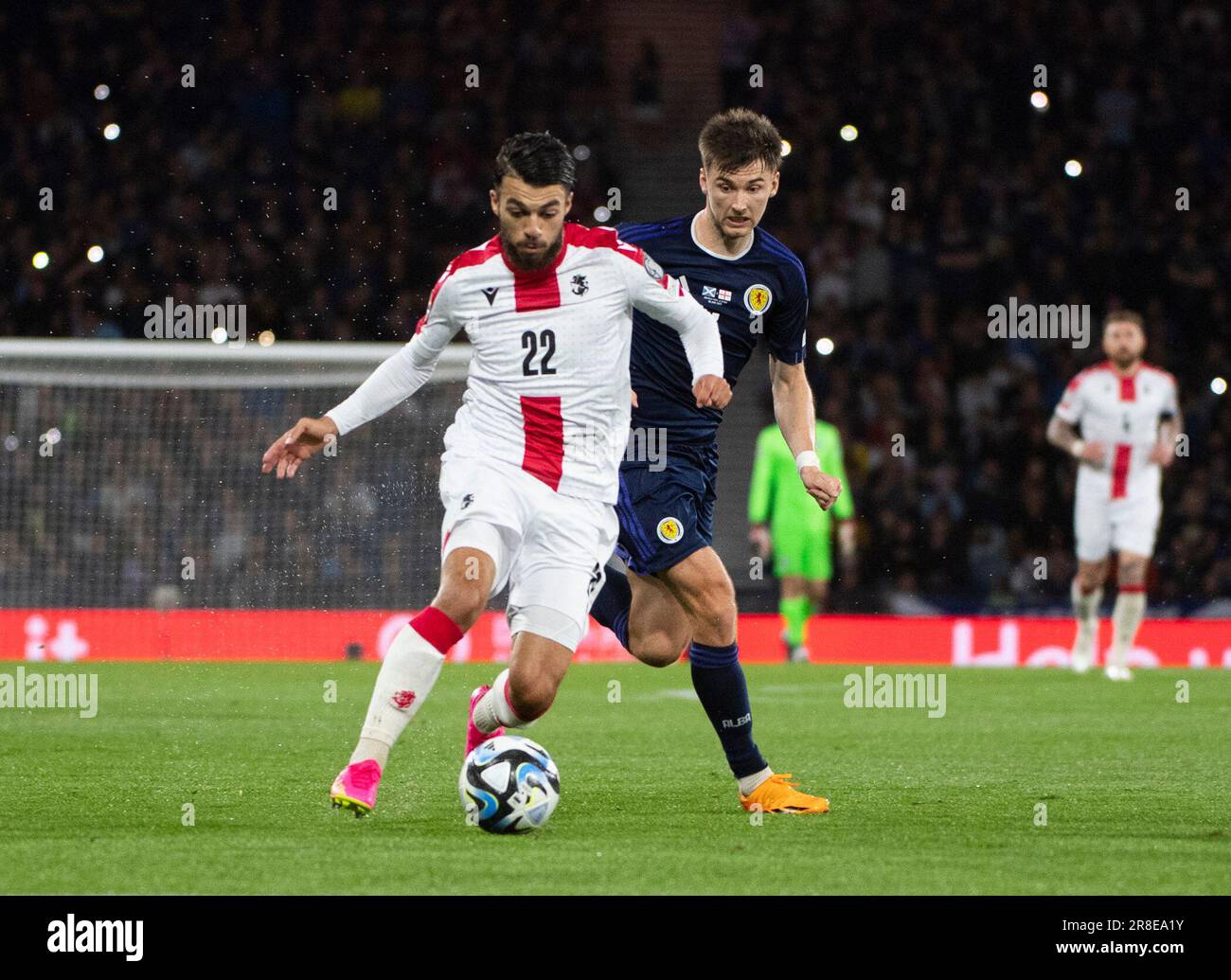 GLASGOW, SCOTLAND - JUNE 20: Georgia forward, Georges Mikautadze, brings the ball upfield during the UEFA EURO 2024 qualifying round group A match between Scotland and Georgia at Hampden Park on June 20, 2023 in Glasgow, Scotland. (Photo by Ian Jacobs/MB Media/) Stock Photo