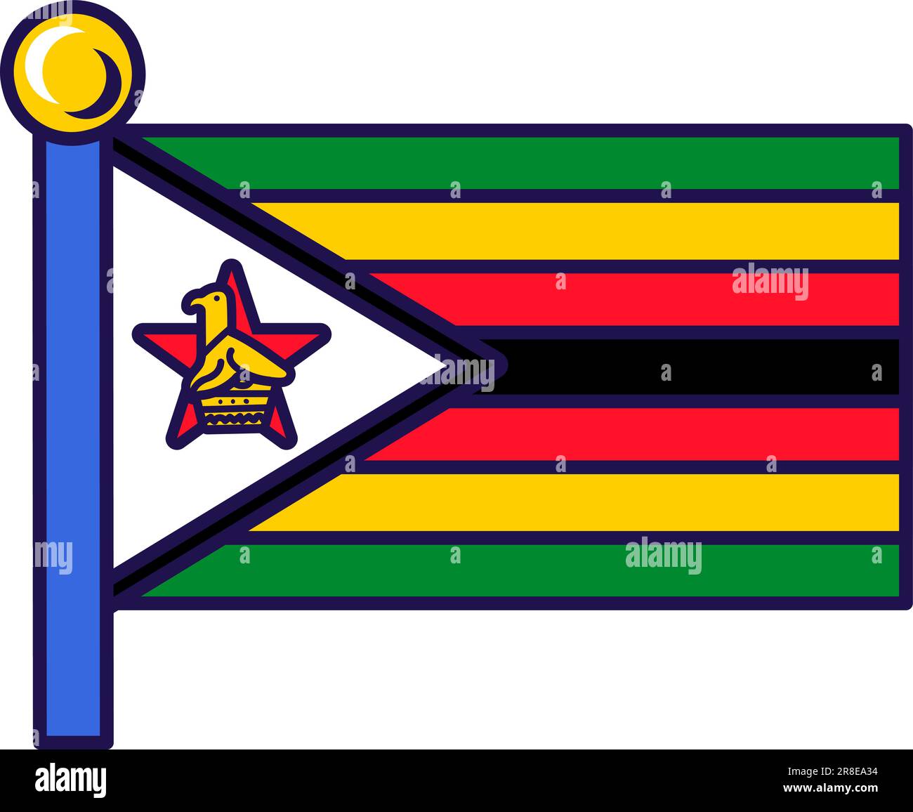 Zimbabwe republic nation flag on flagpole vector. Horizontal stripes of green, yellow, black and red, bird and star on white triangle field. African c Stock Vector