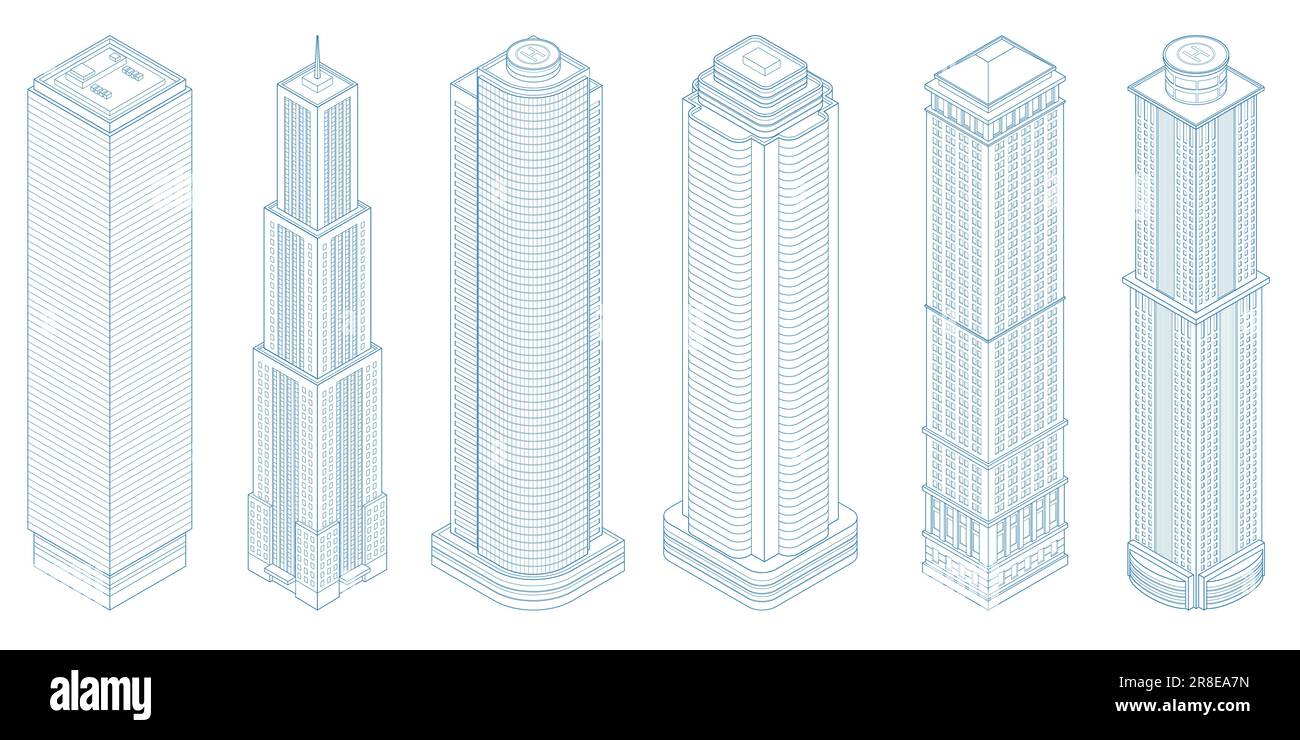 Isometric modern skyscraper outline, modern buildings on write background Stock Vector