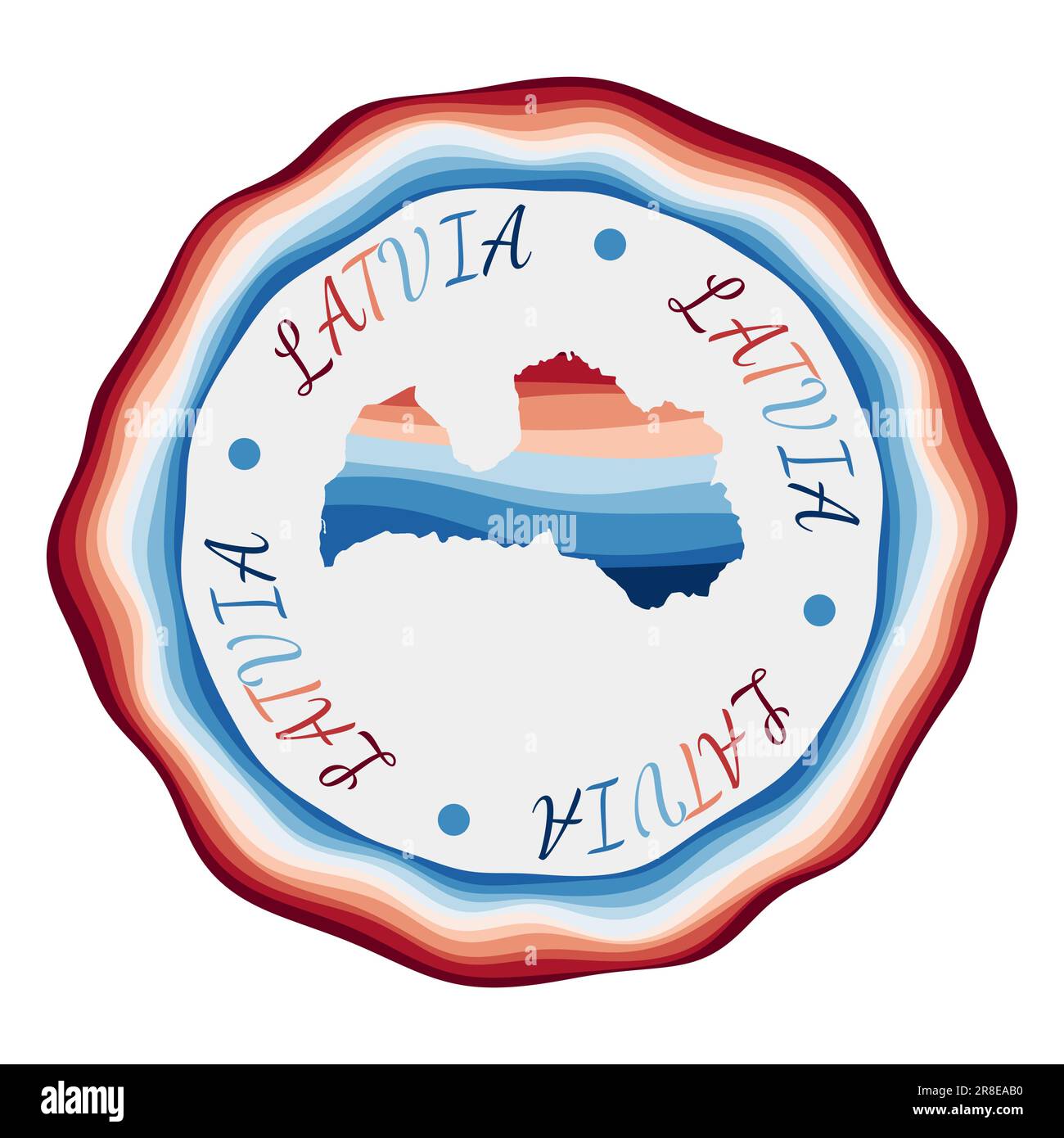 Latvia badge. Map of the country with beautiful geometric waves and vibrant red blue frame. Vivid round Latvia logo. Vector illustration. Stock Vector
