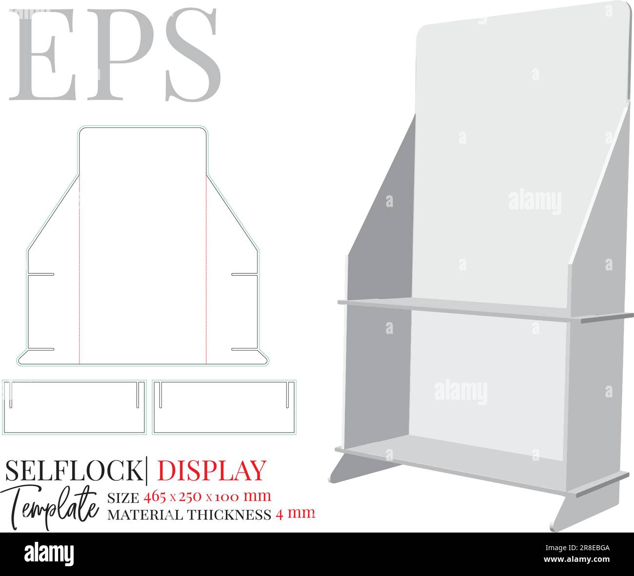 Counter display template, vector with die cut, laser cut layers. Counter stand, header shelf box. White, clear, blank, isolated Counter display mockup Stock Vector