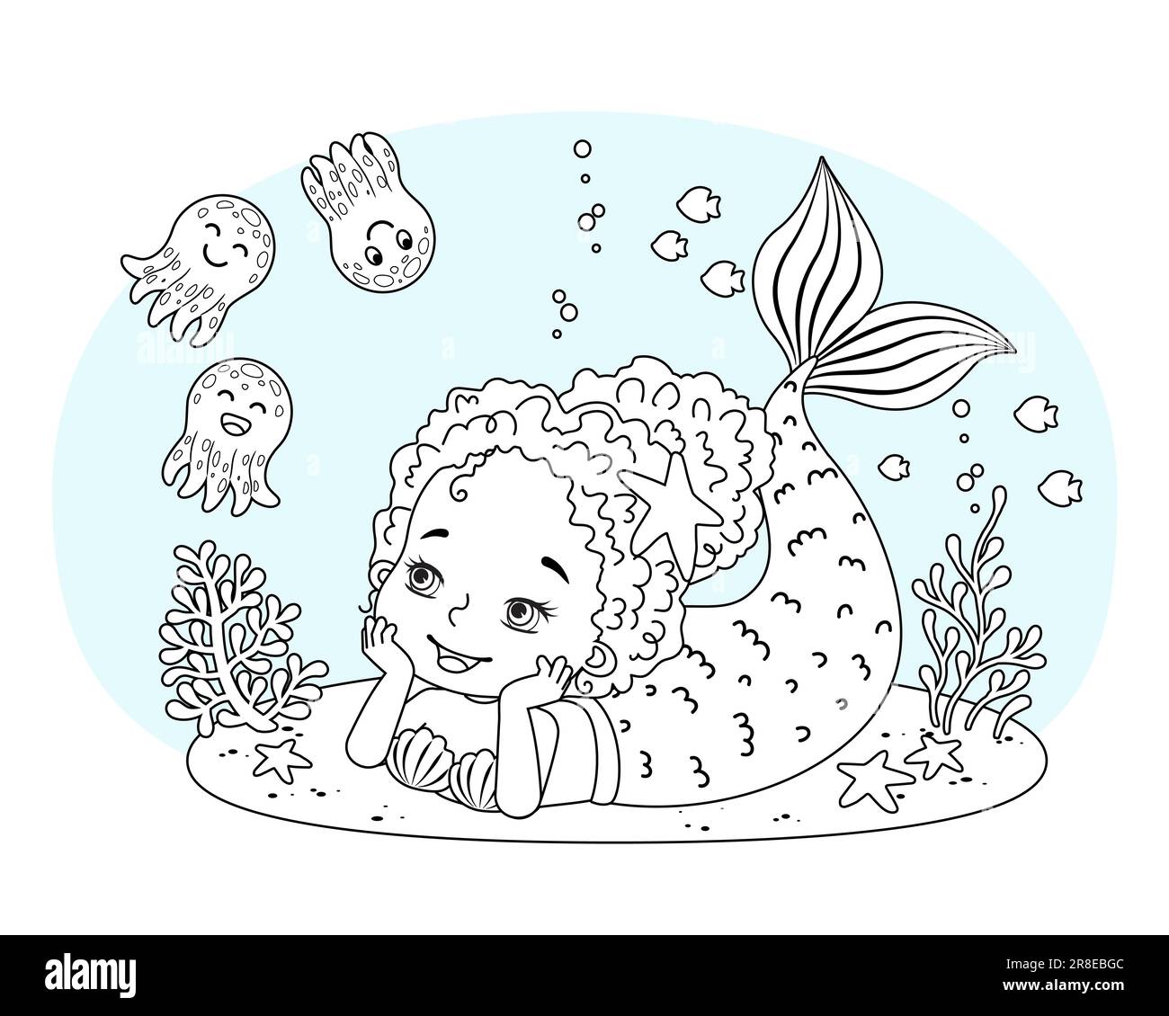 Black and white vector coloring for children. Illustration of beautiful girl mermaid Stock Vector