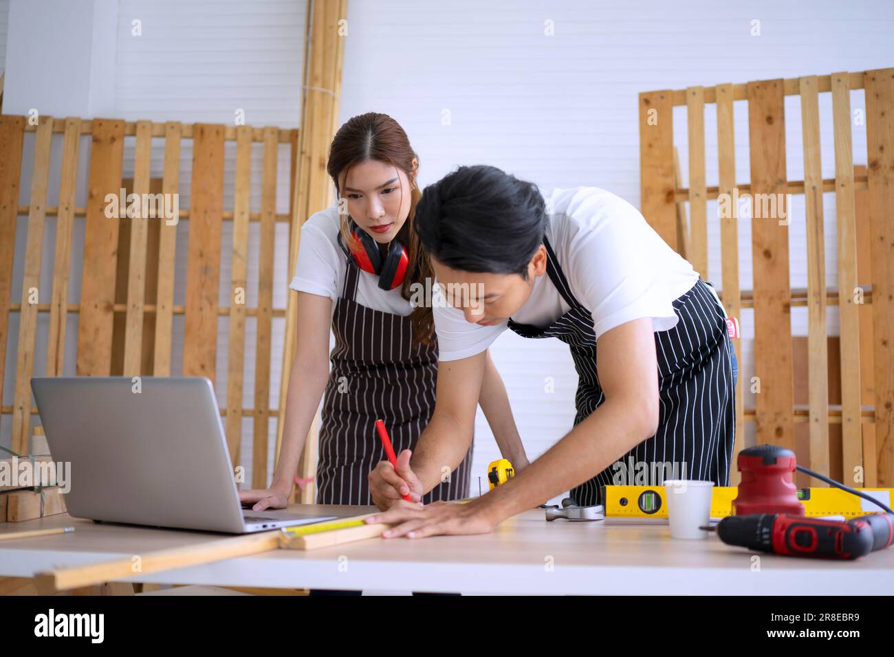 Carpenter work at workshop. Small business and craft product concept. Stock Photo