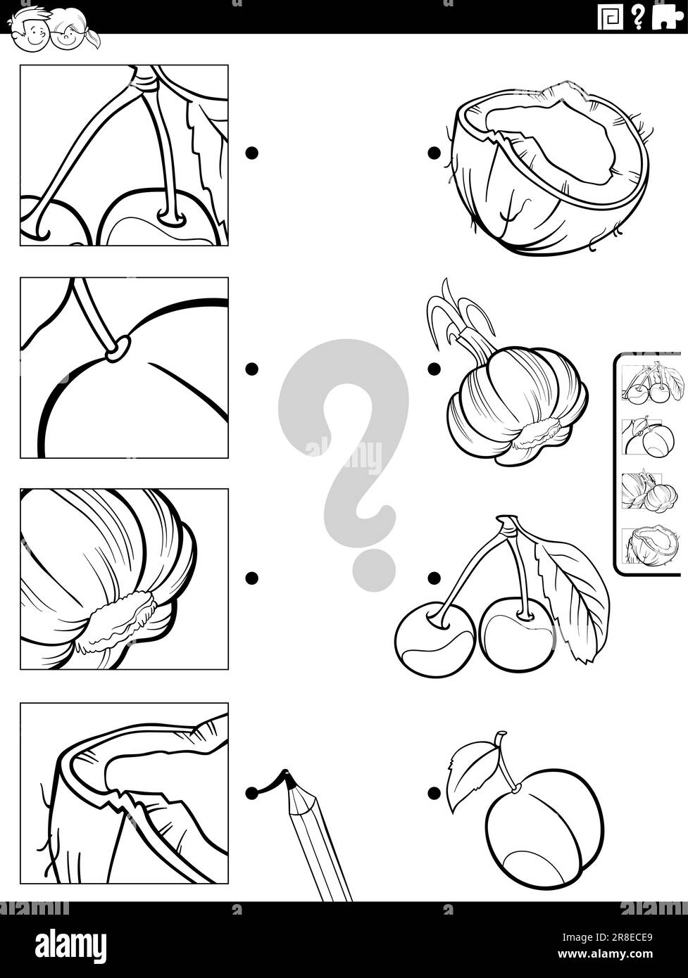 Black and white cartoon illustration of educational matching task with fruit and vegetables and pictures clippings coloring page Stock Vector
