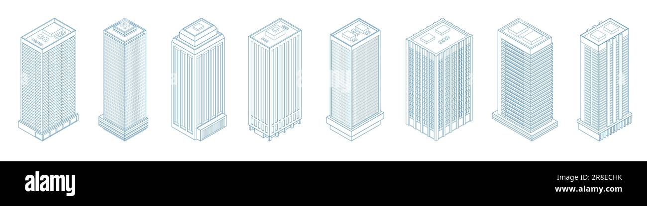 Isometric modern skyscraper outline, skyscrapers, apartment, office, houses Stock Vector