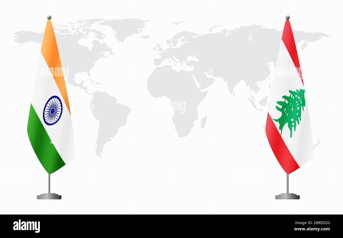 India and Lebanon flags for official meeting against background of world map. Stock Vector