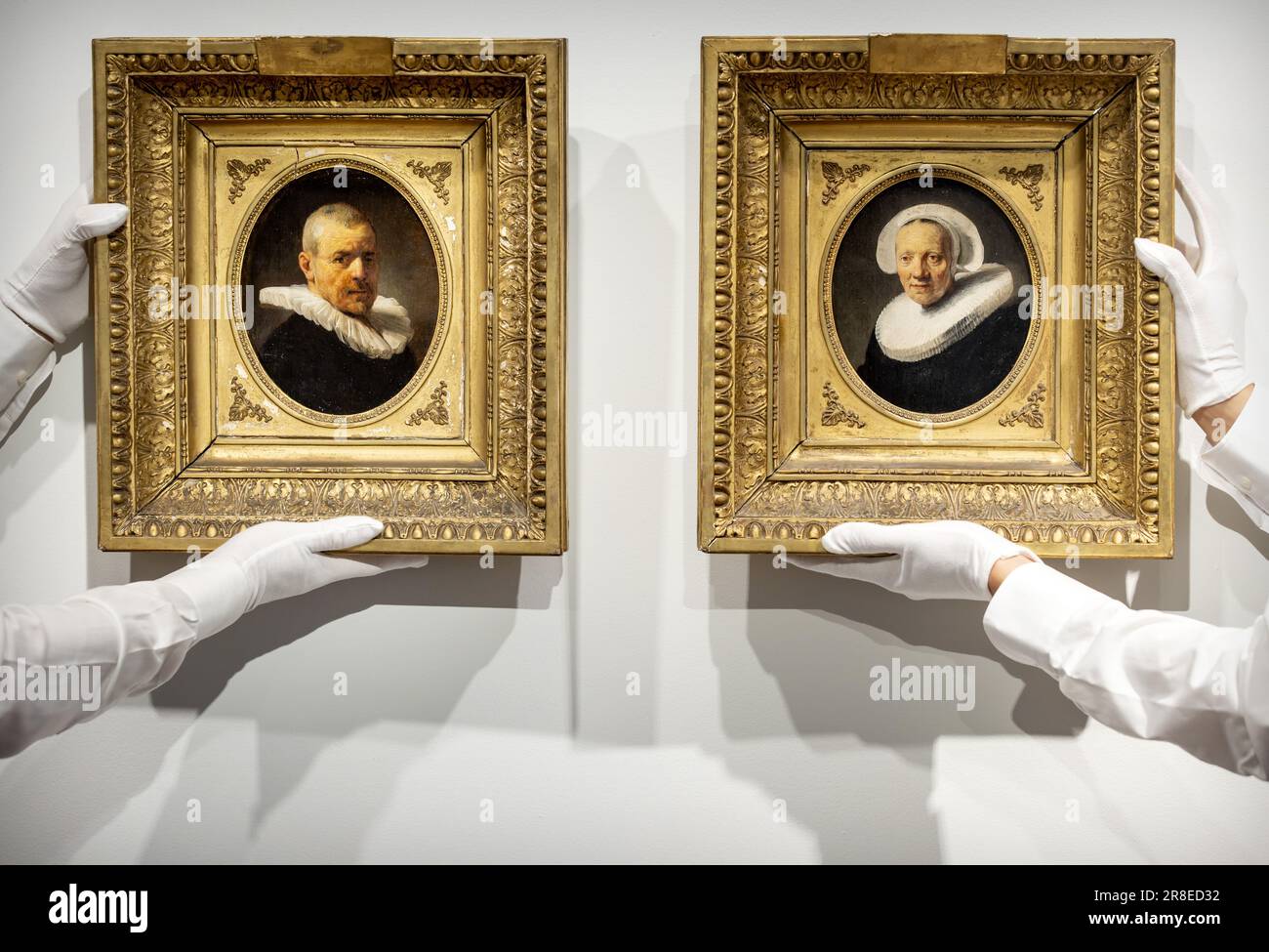 AMSTERDAM - Two rediscovered portraits attributed to Rembrandt are being hung at auction house Christie's. These are works from 1635 that have remained in private hands until now. The paintings will be auctioned on July 6 by Christie's in London. ANP KOEN VAN WEEL netherlands out - belgium out Stock Photo