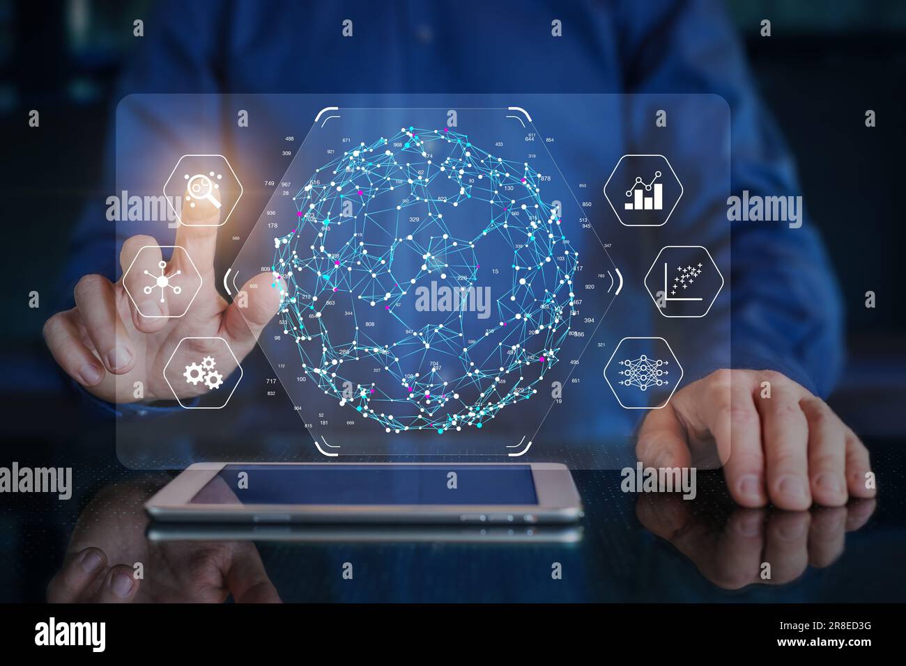 Big data analytics visualization technology with data scientist analyzing information on virtual screen with machine learning and AI. Data science, bu Stock Photo