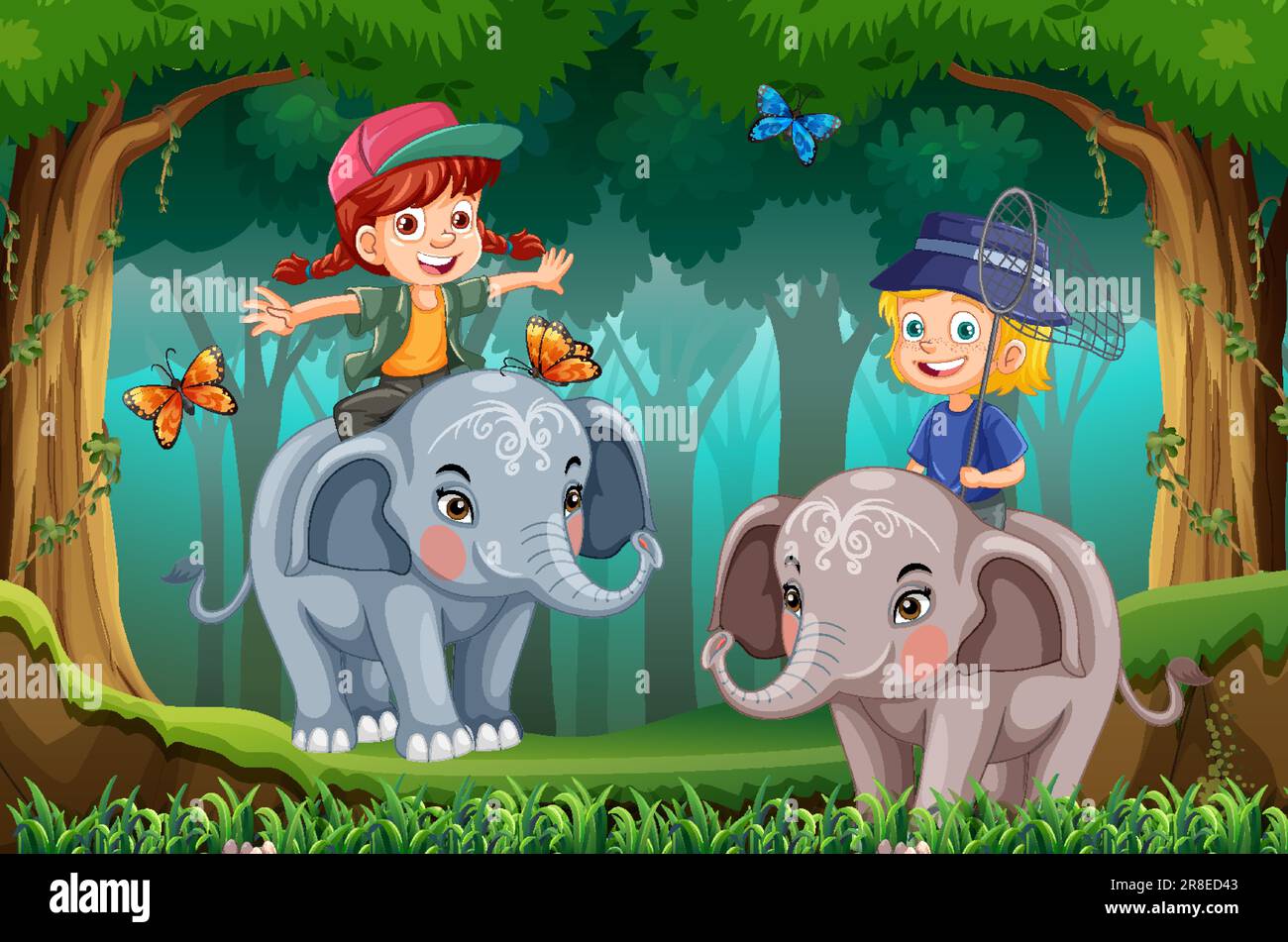 Two Kids Riding Elephant in the Jungle illustration Stock Vector Image ...