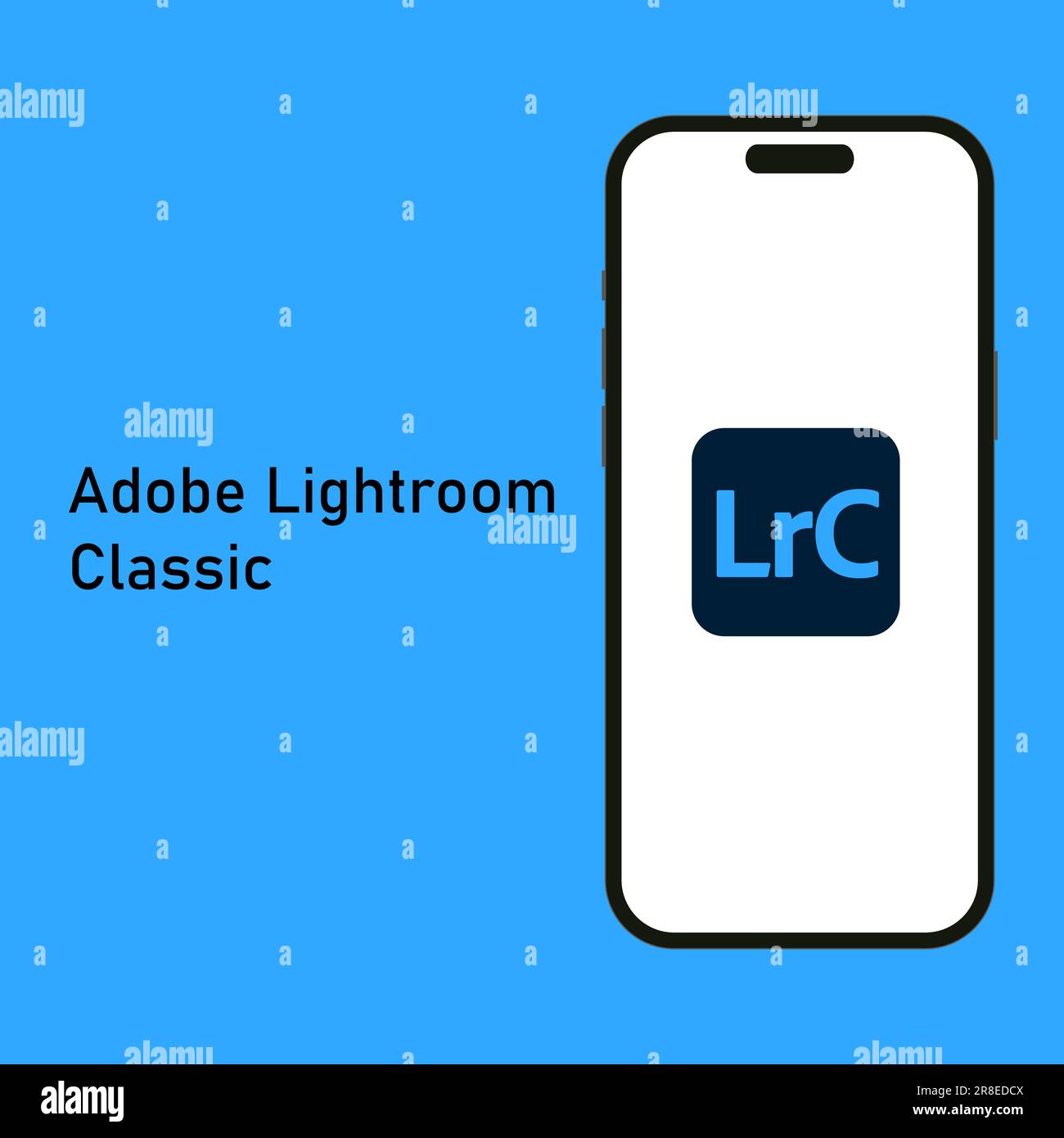 Kyiv, Ukraine - 14 June 2023: Adobe Photoshop Lightroom Classic logo isolated on the smartphone iPhone 14 screen with blue background. Lightroom is so Stock Vector