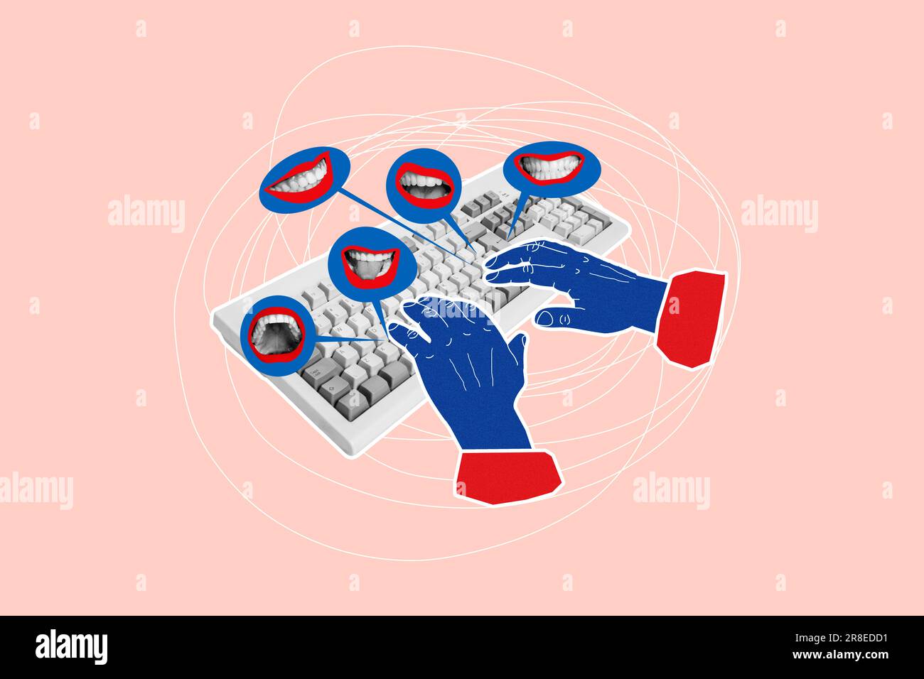 Artwork collage image of arms fingers typing message keyboard laughing