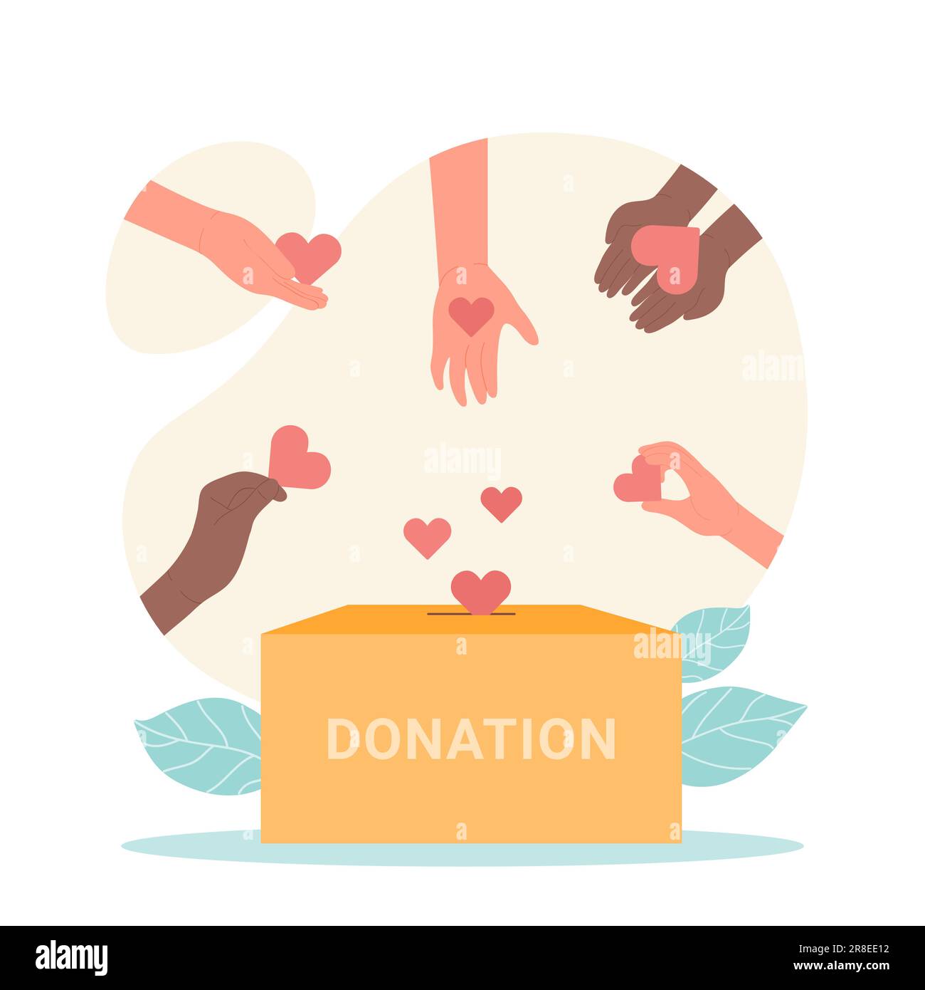 Hands of people donate. Volunteers give hearts to donation box flat