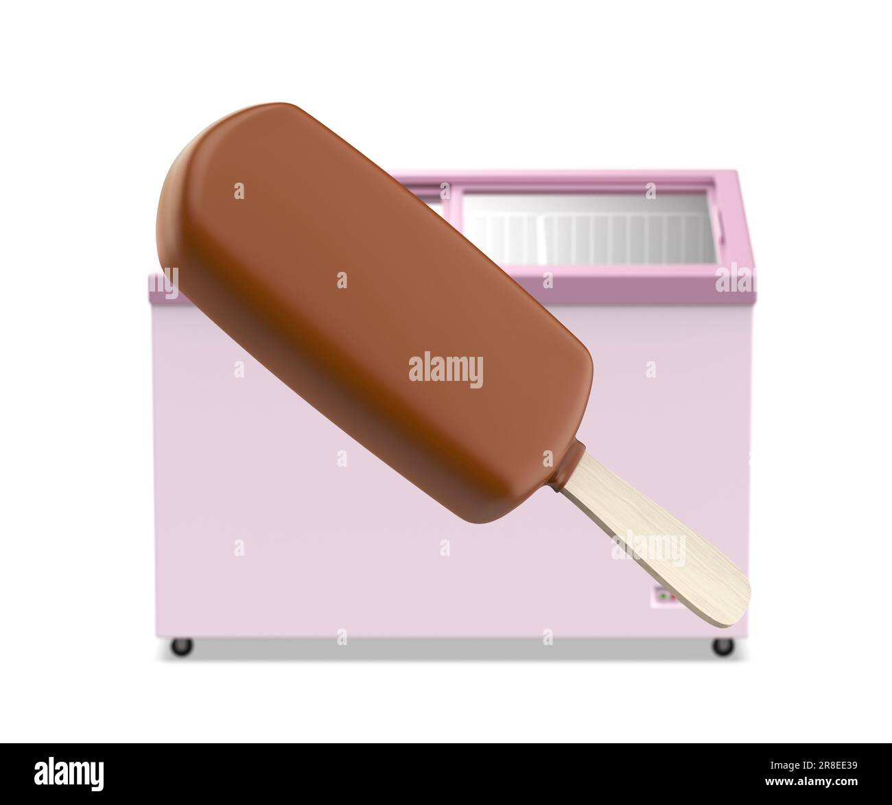 Chocolate ice cream in front of the ice cream freezer Stock Photo