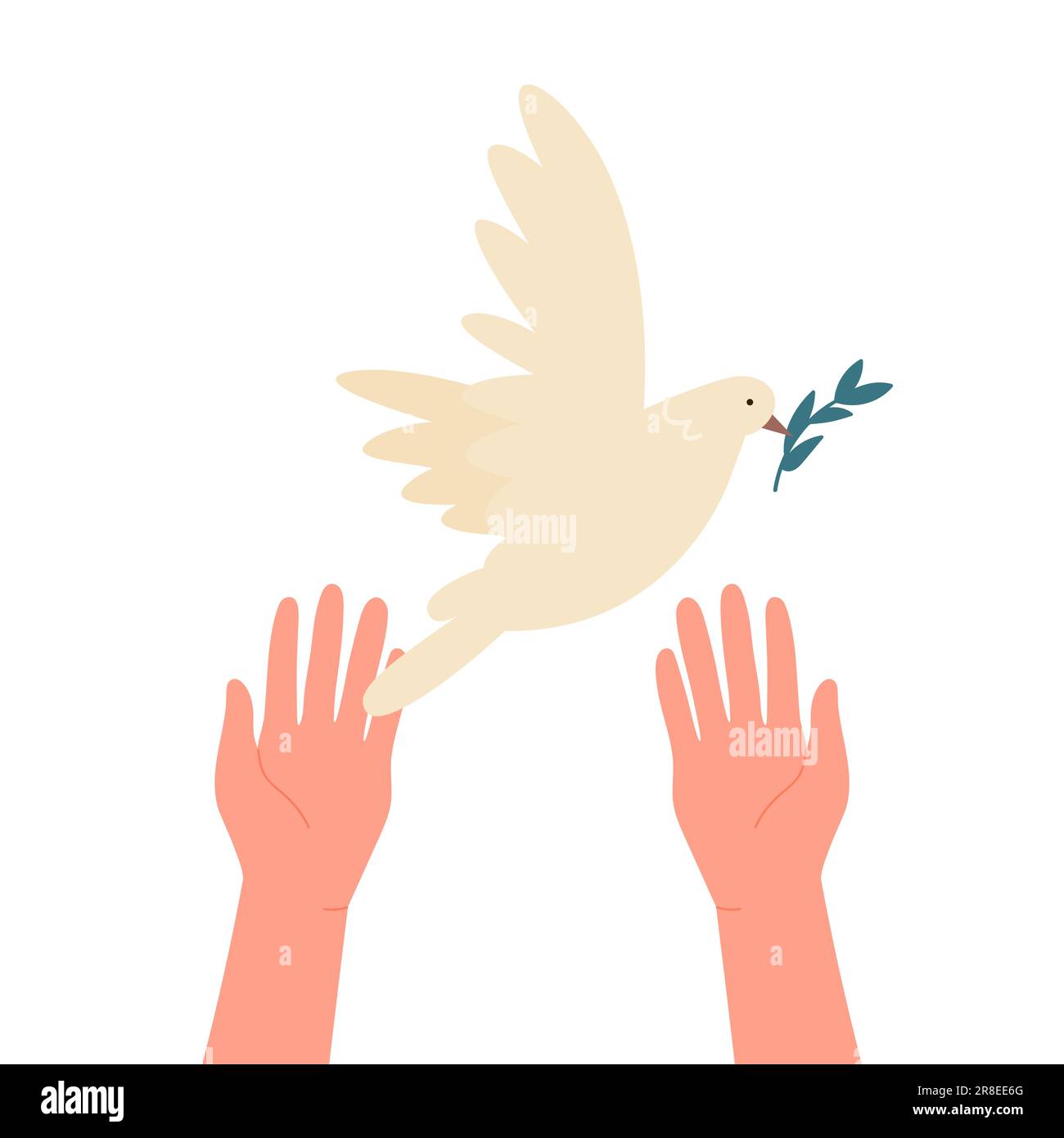 Hands releasing dove. Cartoon pigeon with olive branch flying up into air flat vector illustration. International peace symbol, freedom, faith concept Stock Vector