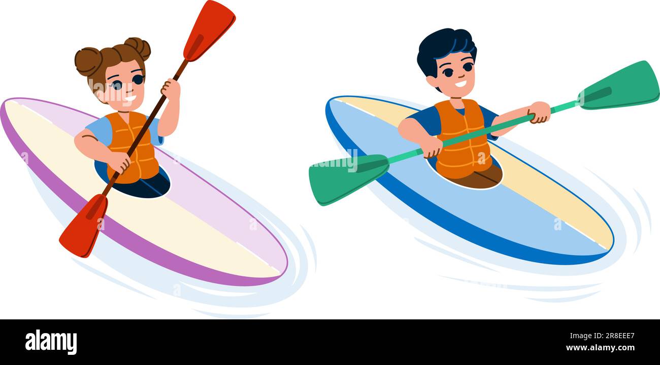 canoeing kid vector. kayak boat, river summer, family lake, camp fun