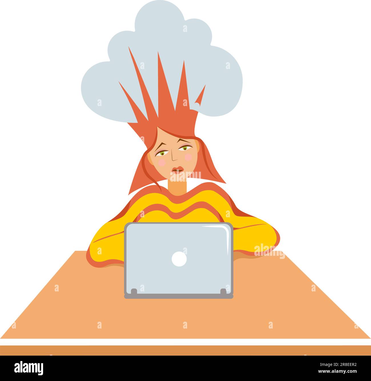 A young girl with a laptop is thinking about something alarming. Girl is sitting at a table using a computer laptop, shocked with shame and surprised Stock Vector