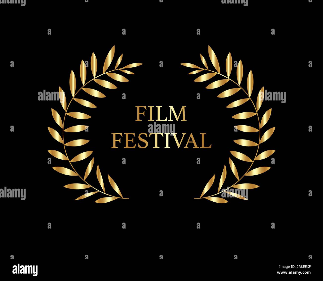 golden text Film Festival with leaf wreath, gold luxury laurel award sign, vector logo design isolated on black background Stock Vector
