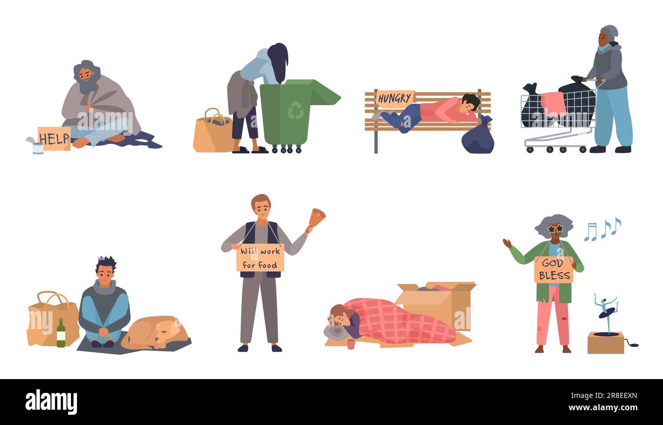 Homeless poor people set vector illustration. Cartoon isolated poverty scenes collection with beggars and street animals, alcohol addict and panhandler begging, sleeping on bench, pushing trash cart Stock Vector