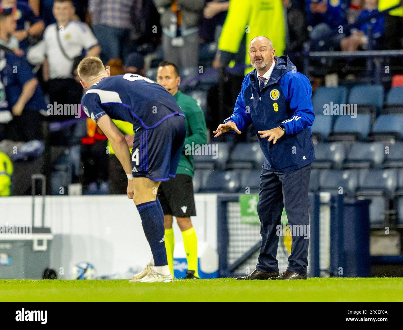 Glasgow, UK. 20th June, 2023. Steve Clarke the head coach of Scotland calms the troops down after the second goal for Scotland during the UEFA EURO 2024 Quaiifying Scotland V Georgia at Hampden Park Stadium on Tuesday 20 June 2023 (Photo by Alan Rennie /SportPix/Sipa USA) Credit: Sipa USA/Alamy Live News Stock Photo