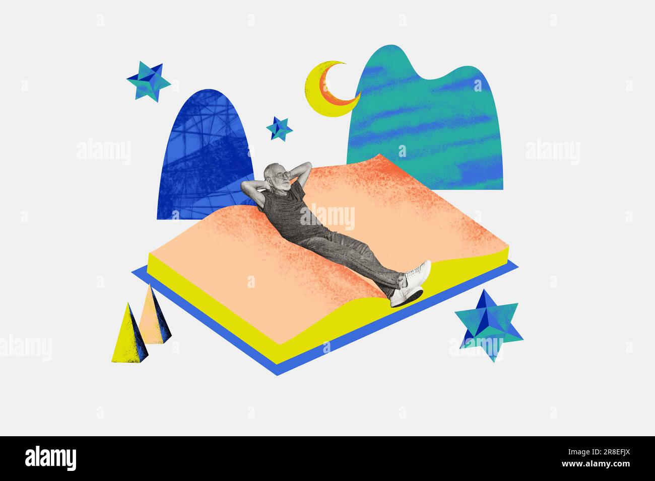 Creative abstract composite illustration collage photo of elderly peaceful man lay on large book dreaming isolated drawing background Stock Photo