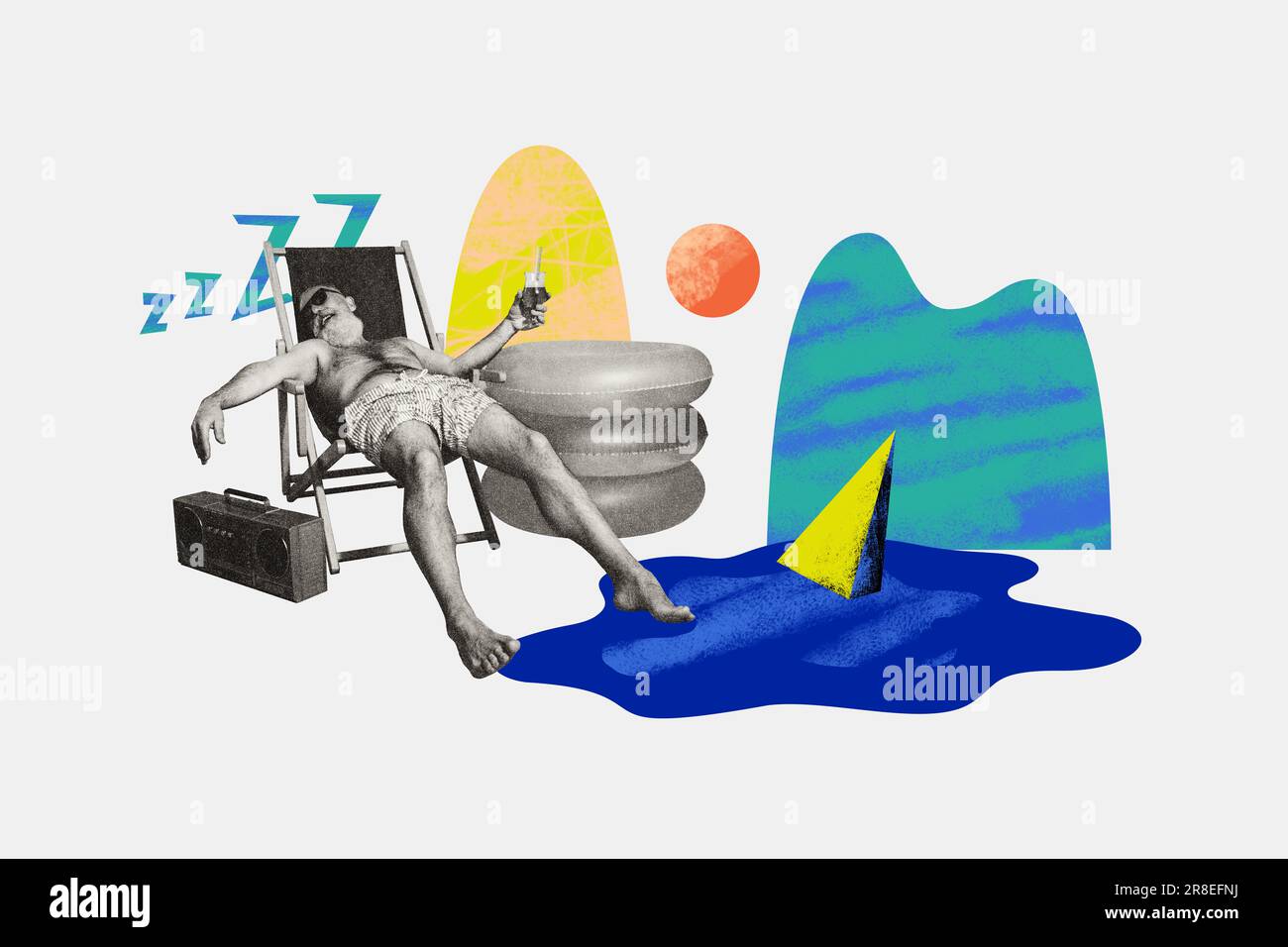 Drawing painting collage template of sleepy grandfather sleeping on