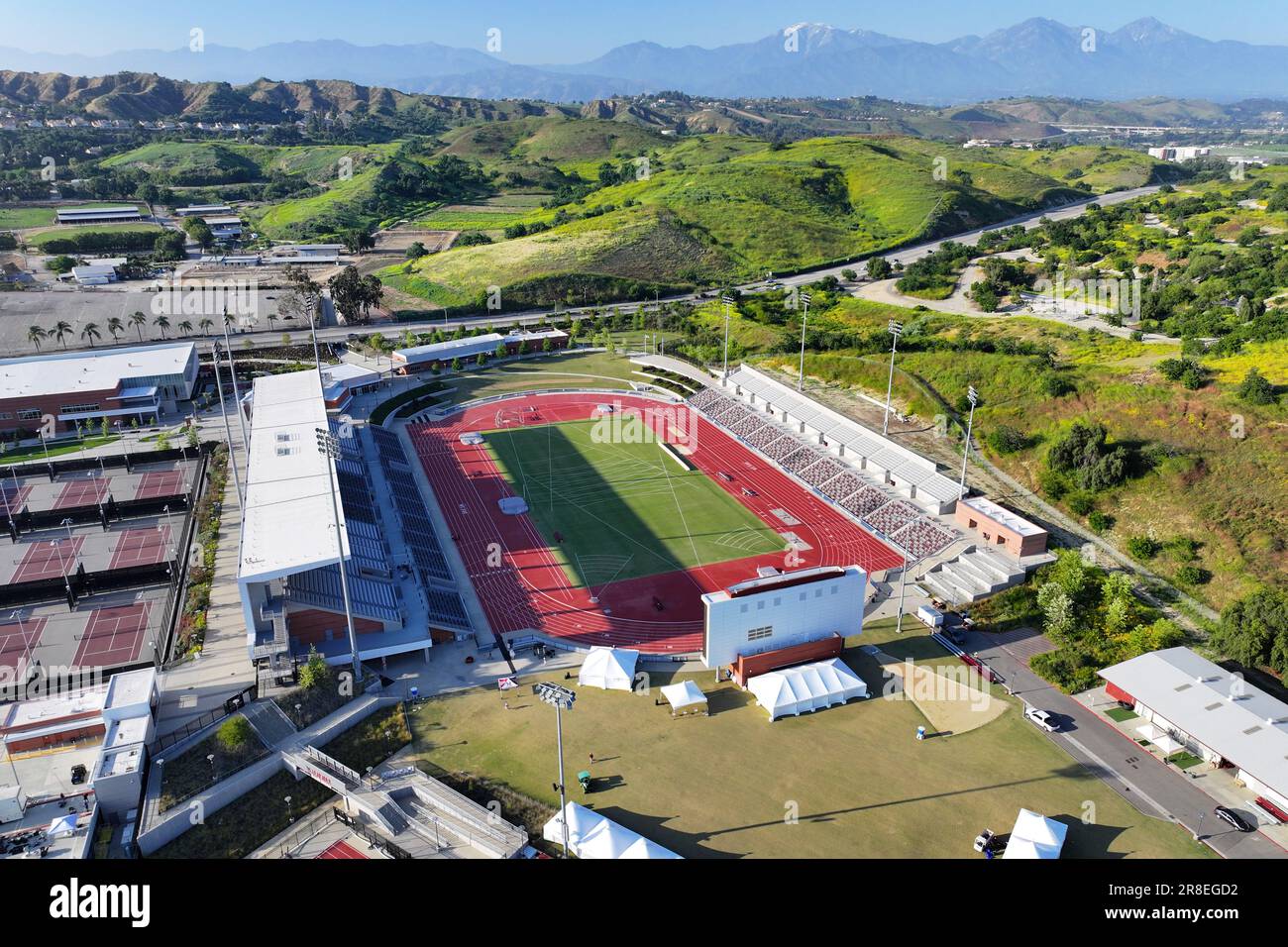 A general overall aerial view of Hilmer Lodge Stadium on the campus of ...