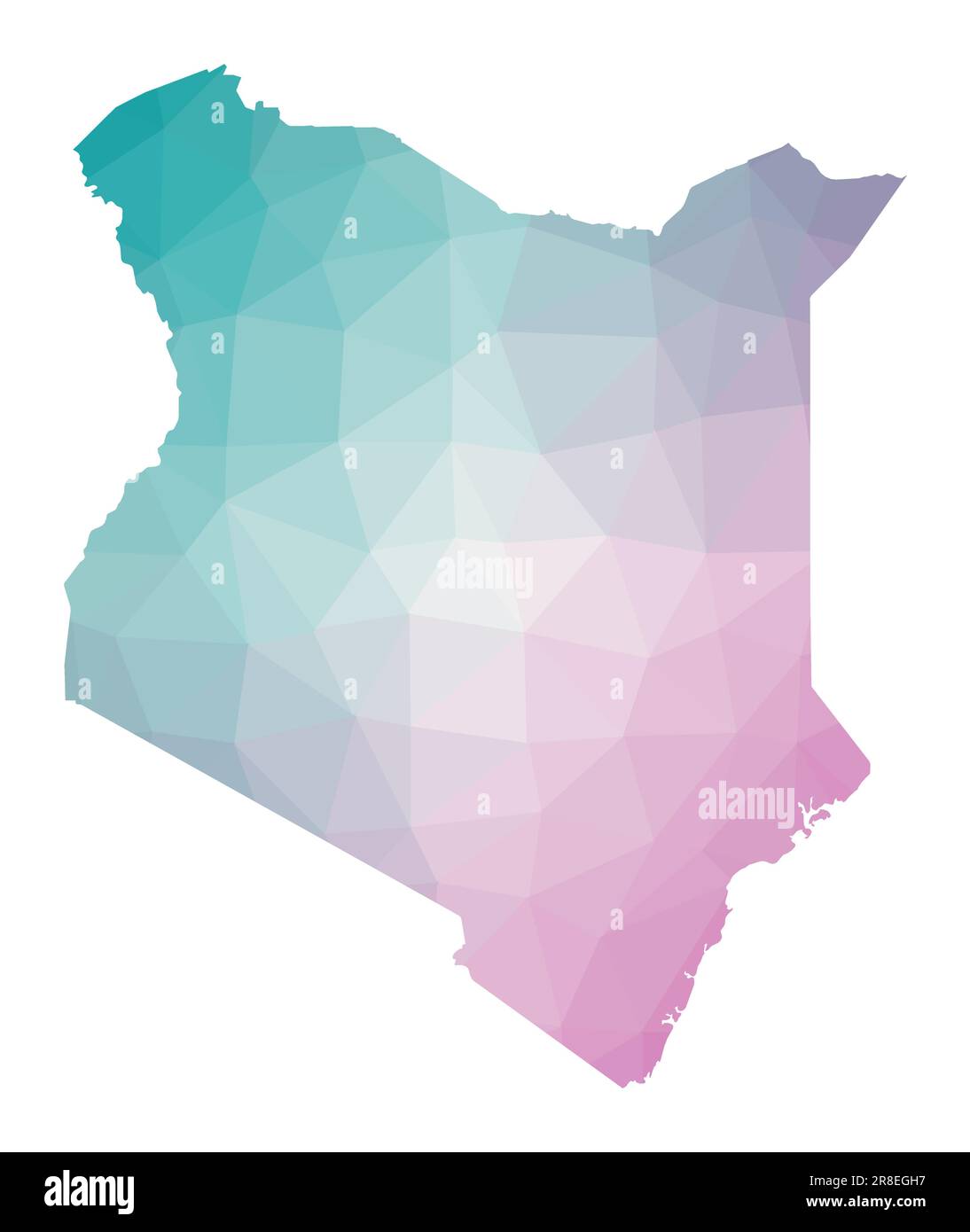 Polygonal map of Kenya. Geometric illustration of the country in emerald amethyst colors. Kenya map in low poly style. Technology, internet, network c Stock Vector