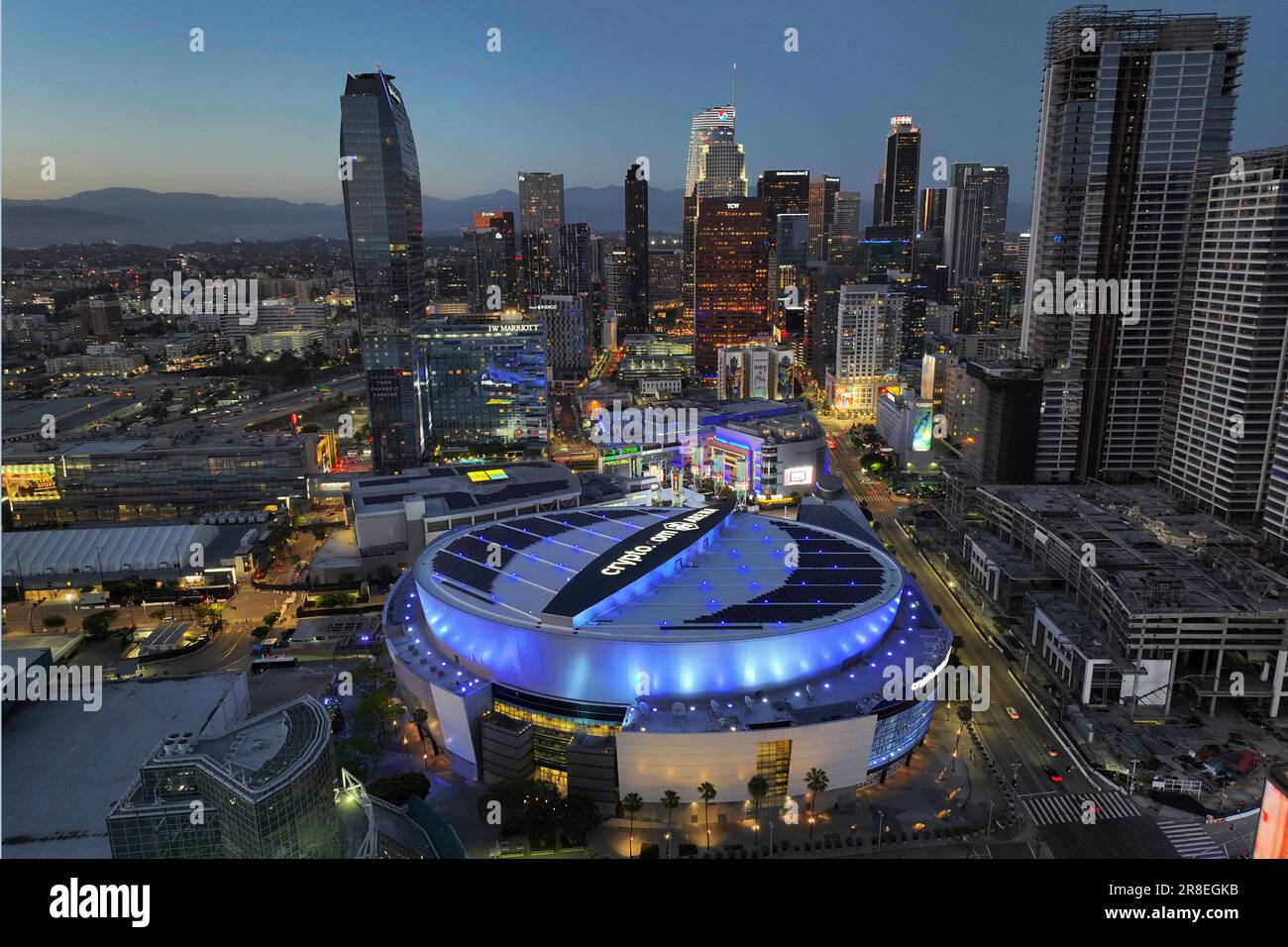 A general overall aerial view of the Crypto.com Arena and downtown skyline,  Tuesday, June 20, 2023, in Los Angeles. (Kirby Lee via AP Stock Photo -  Alamy