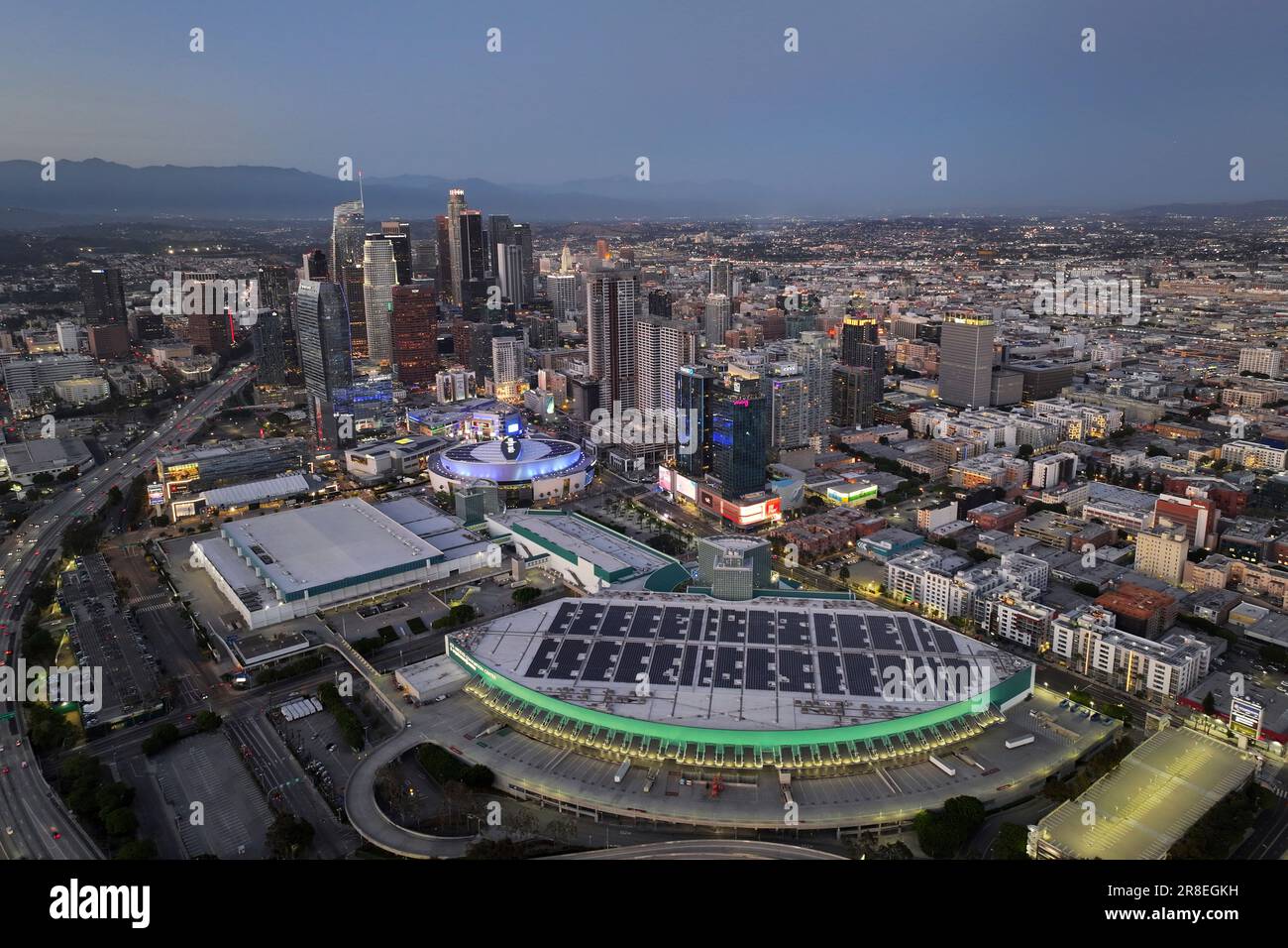 A general overall aerial view of the Crypto.com Arena, Los Angeles  Convention Center and downtown skyline, Tuesday, June 20, 2023, in Los  Angeles. (Kirby Lee via AP Stock Photo - Alamy