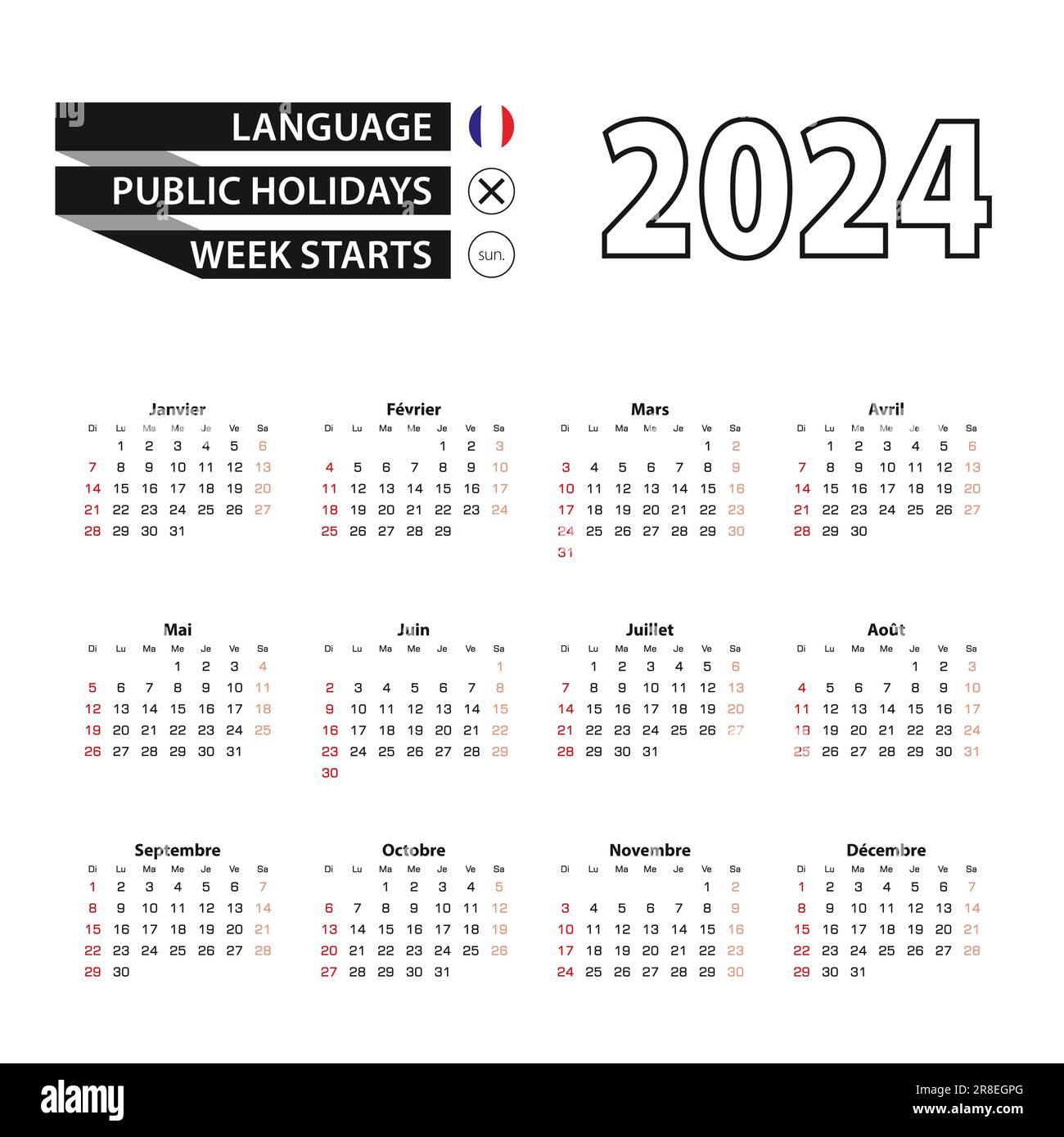 Janvier. Calendrier 2024. Format A4, A3. La Semaine Commence Le Dimanche,  Illustration Vectorielle