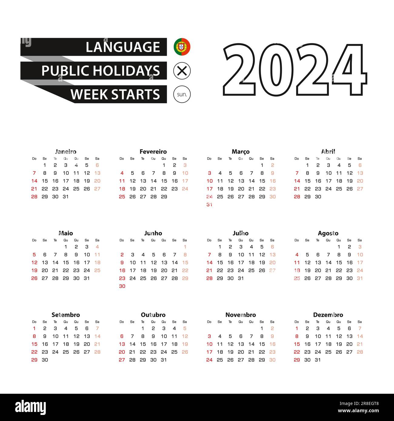 2024 calendar in Portuguese language, week starts from Sunday. Vector