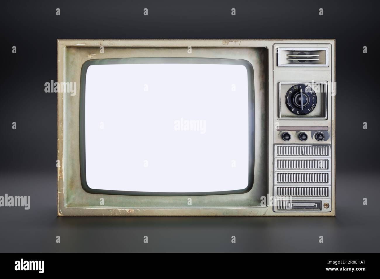 Mockup old retro analog TV in dark room with blank screen for design, copy space, Old shabby TV 1970-1980, 80s, 70s. 3d rendering Stock Photo