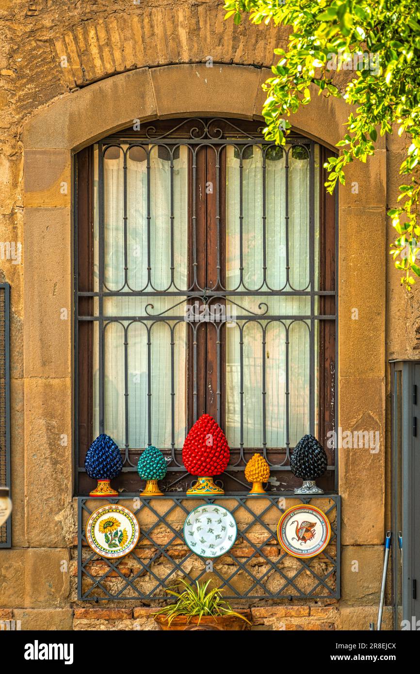 The signs of the shops, the indications and the ceramic manufactures, typical manufacturing of the village of Santo Stefano di Camastra. Sicily Stock Photo