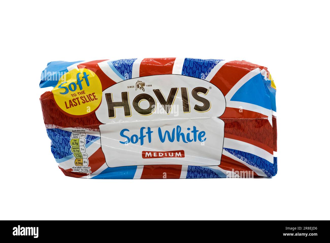 Irvine, Scotland, UK-March 20, 2023: Hovis branded Soft White Medium Loaf of Bread in a plastic bag that is recyclable in most UK supermarkets and dis Stock Photo