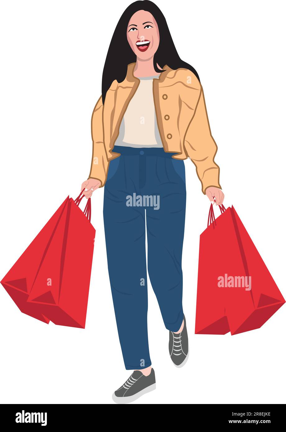 Fashionable woman holding red shopping bag, smiling cheerfully on white background. Stock Vector