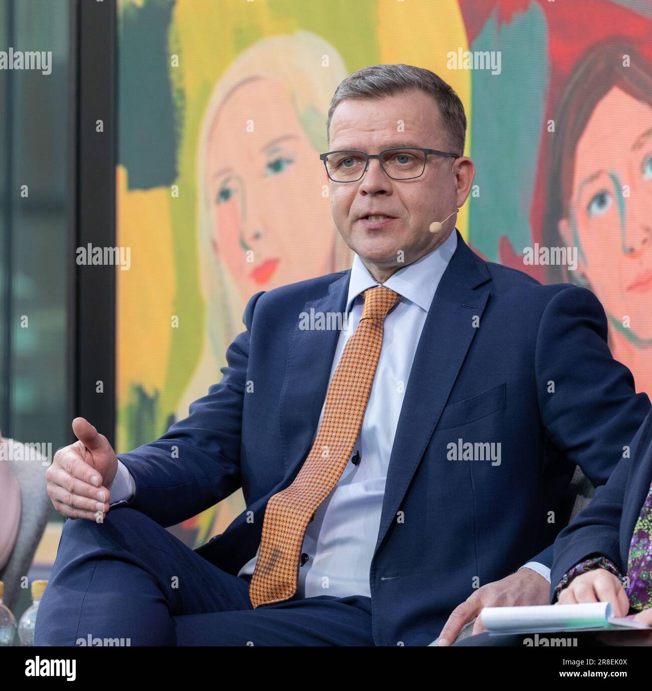 Petteri Orpo campaigning in a media sponsored panel discussion of party leaders before Finnish Parliamentary elections of 2023. Stock Photo
