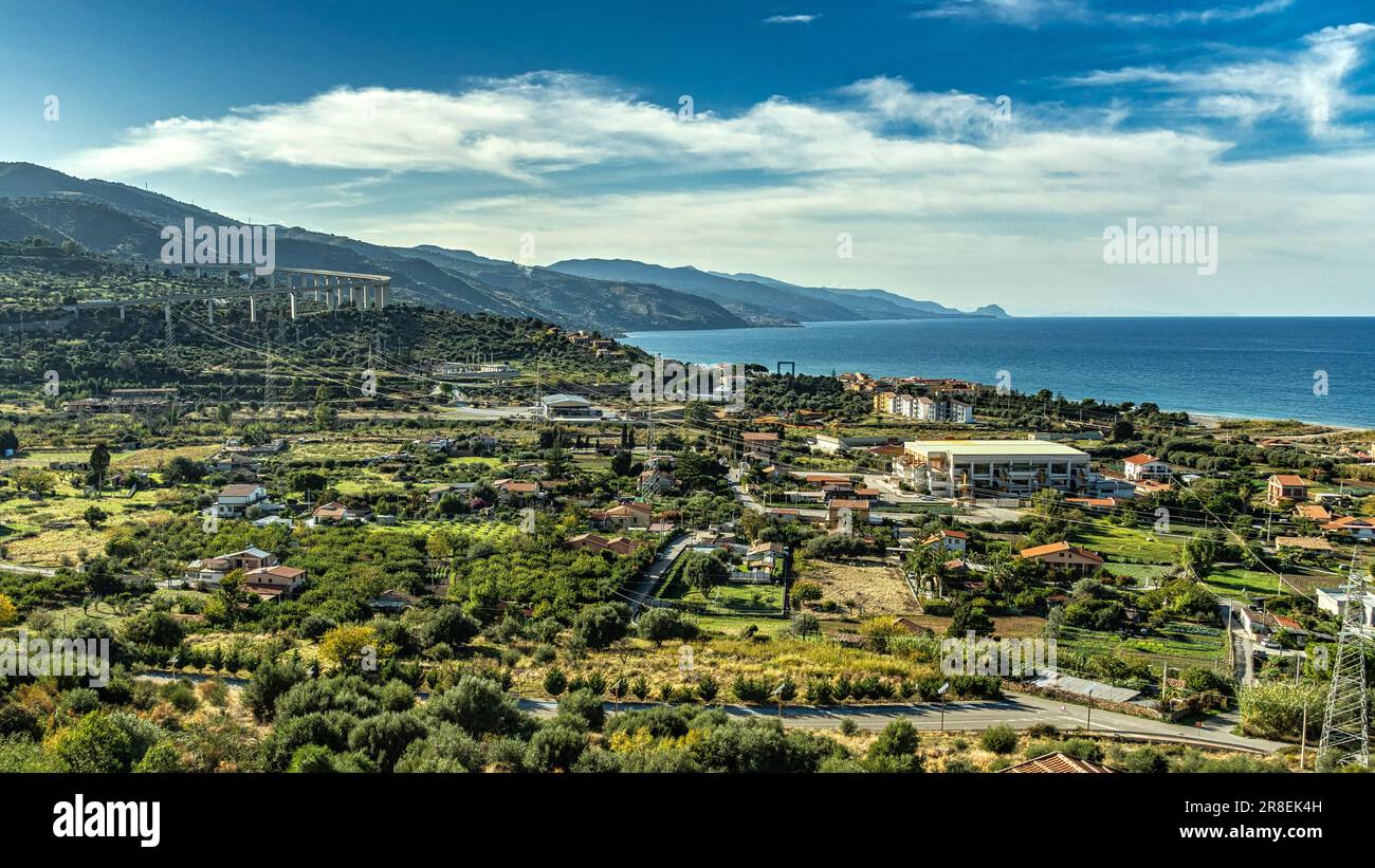 The landscape that can be seen from the Belvedere di Porta Palermo, the countryside and coasts of Sicily overlooking the Tyrrhenian Sea. Santo Stefano Stock Photo