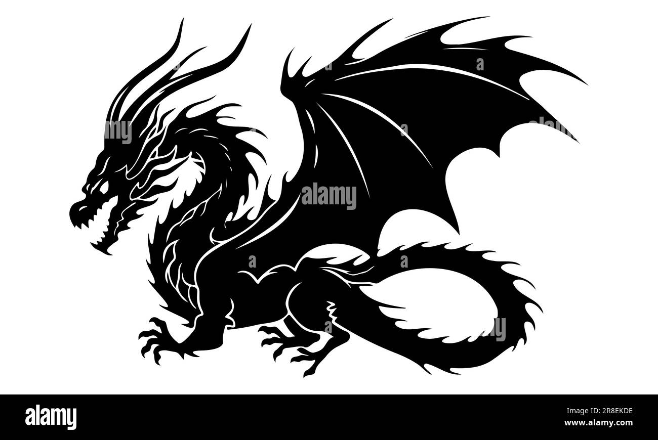 Black dragon silhouette isolated on white background Stock Vector