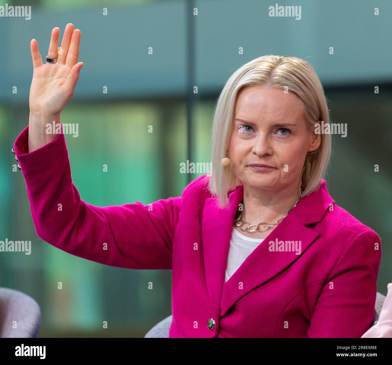 Riikka Purra campaigning in a panel discussion of party leaders before Finnish Parliamentary elections of 2023. Stock Photo