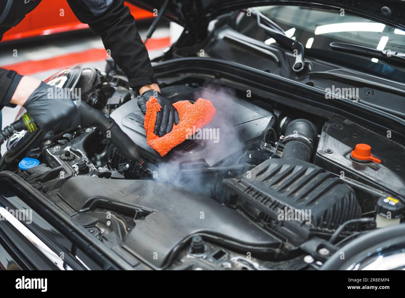 Manual wash engine with hot steam and red cloth. Professional detailing