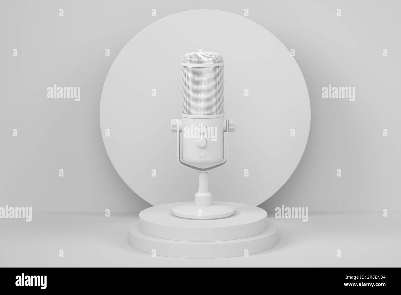 Studio condenser microphone on cylinder podium with step on monochrome